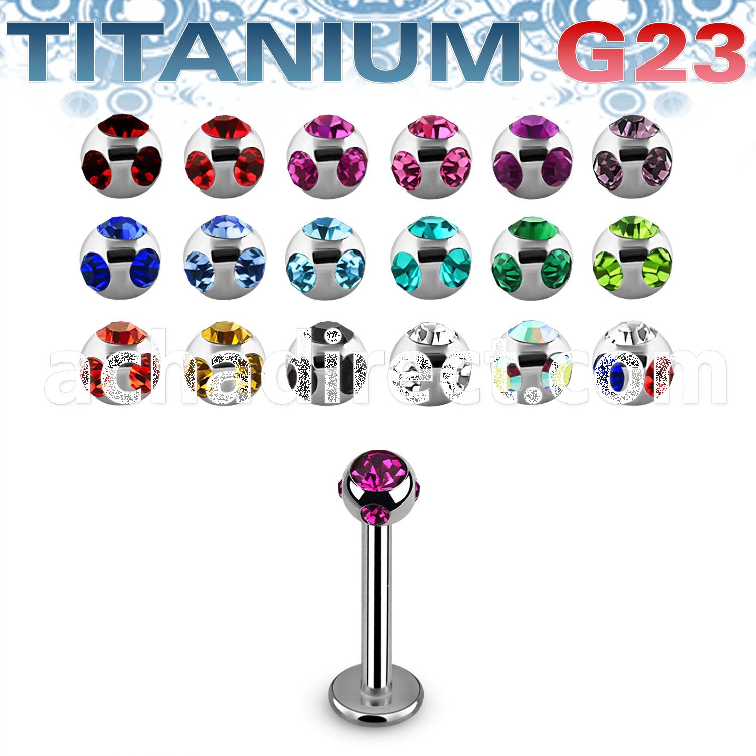 ulbca high polished titanium g23 labret 3mm multi jewel ball