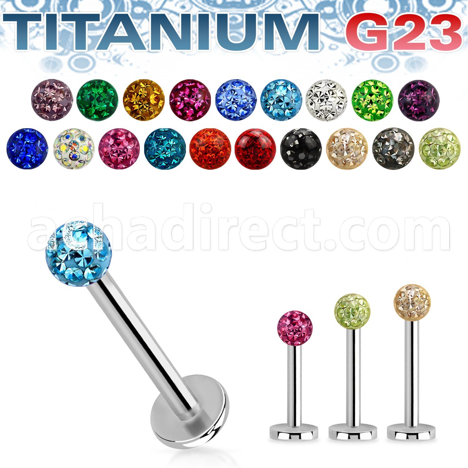 ulbfr3 titanium g23 labret 3mm multi crystal ball