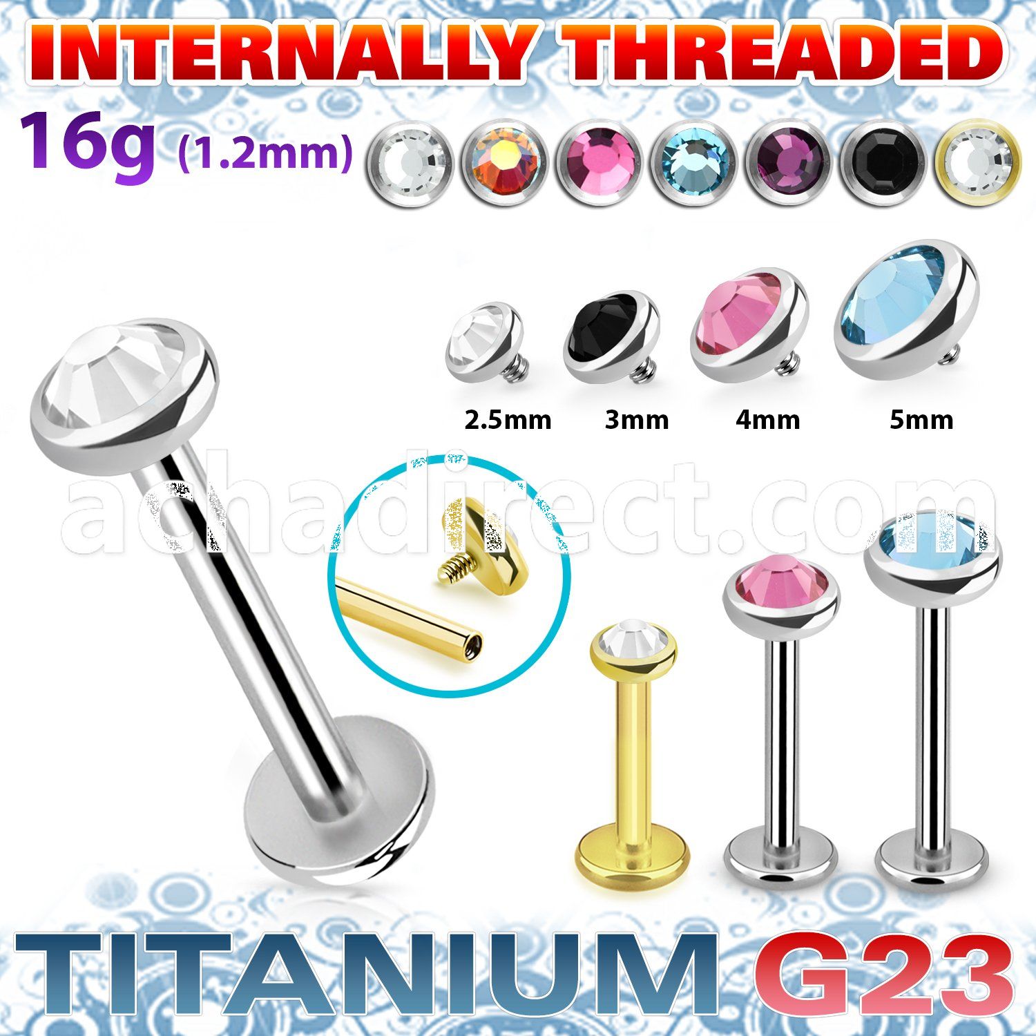ulbin11 titanium g23 internally threaded labret 3to5 crystal