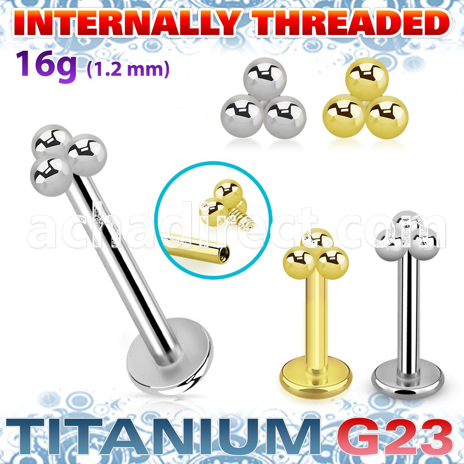 ulbin14 titanium g23 internally threaded labret triple balls