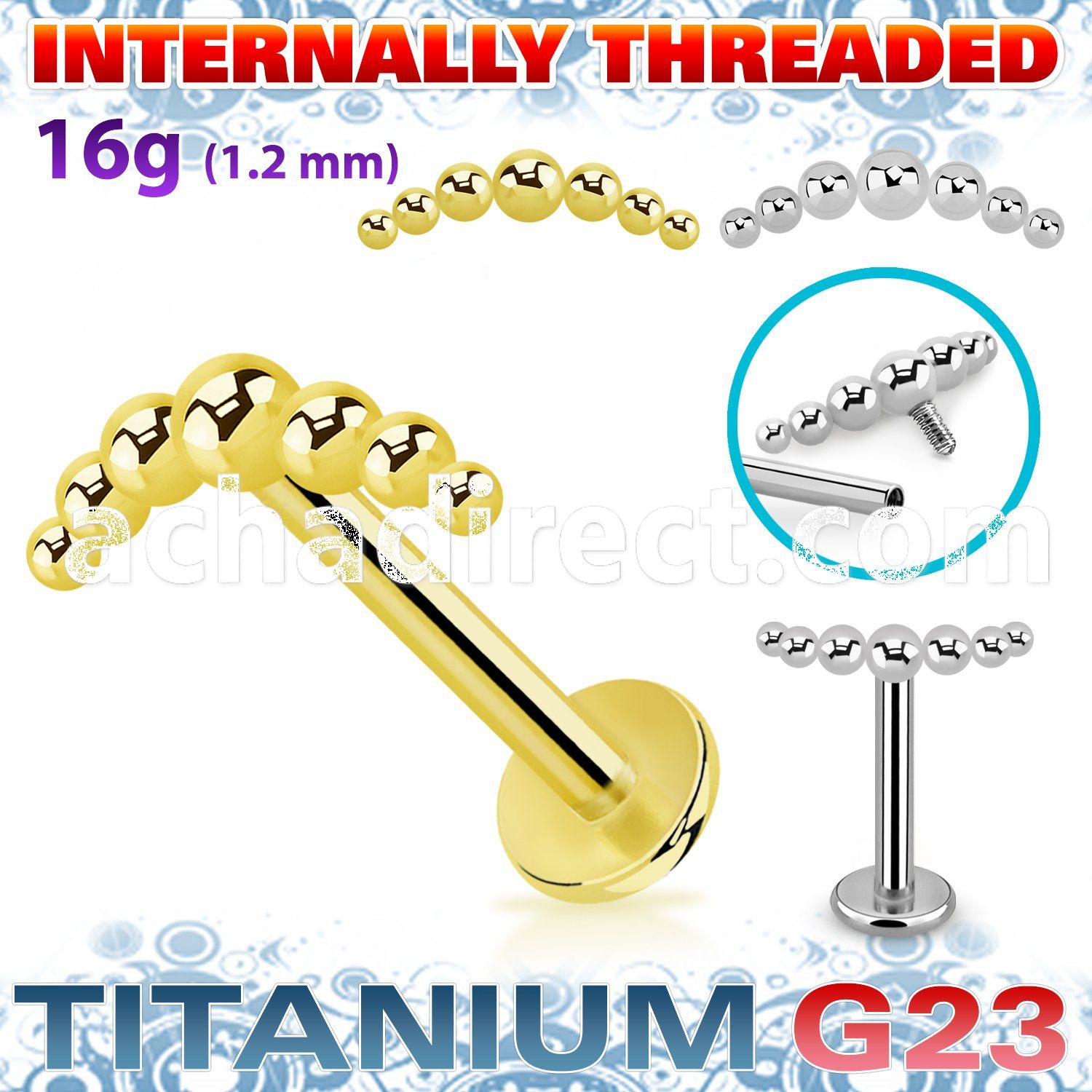 ulbin15 titanium g23 labret 16g seven beads top internal