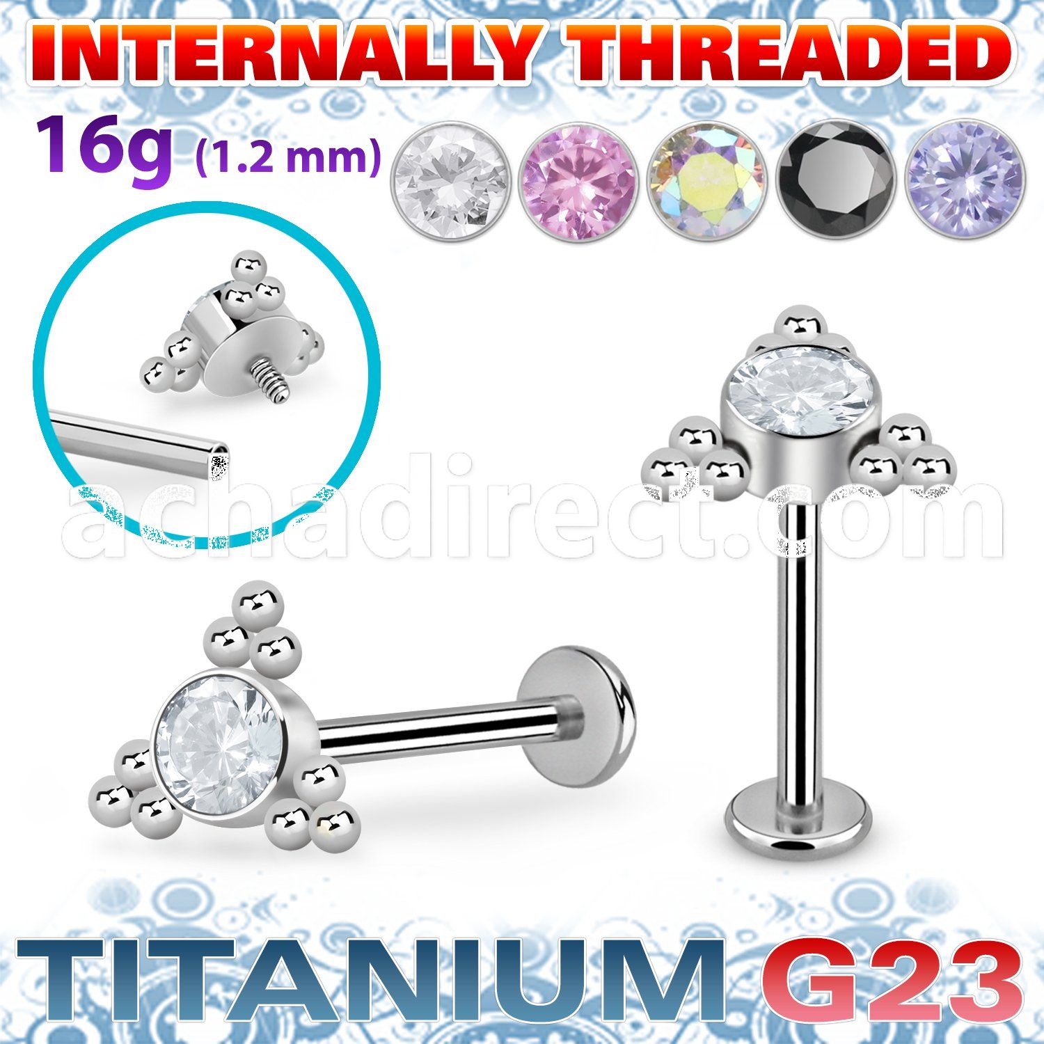 ulbin7 titanium g23 internally threaded labret round cz