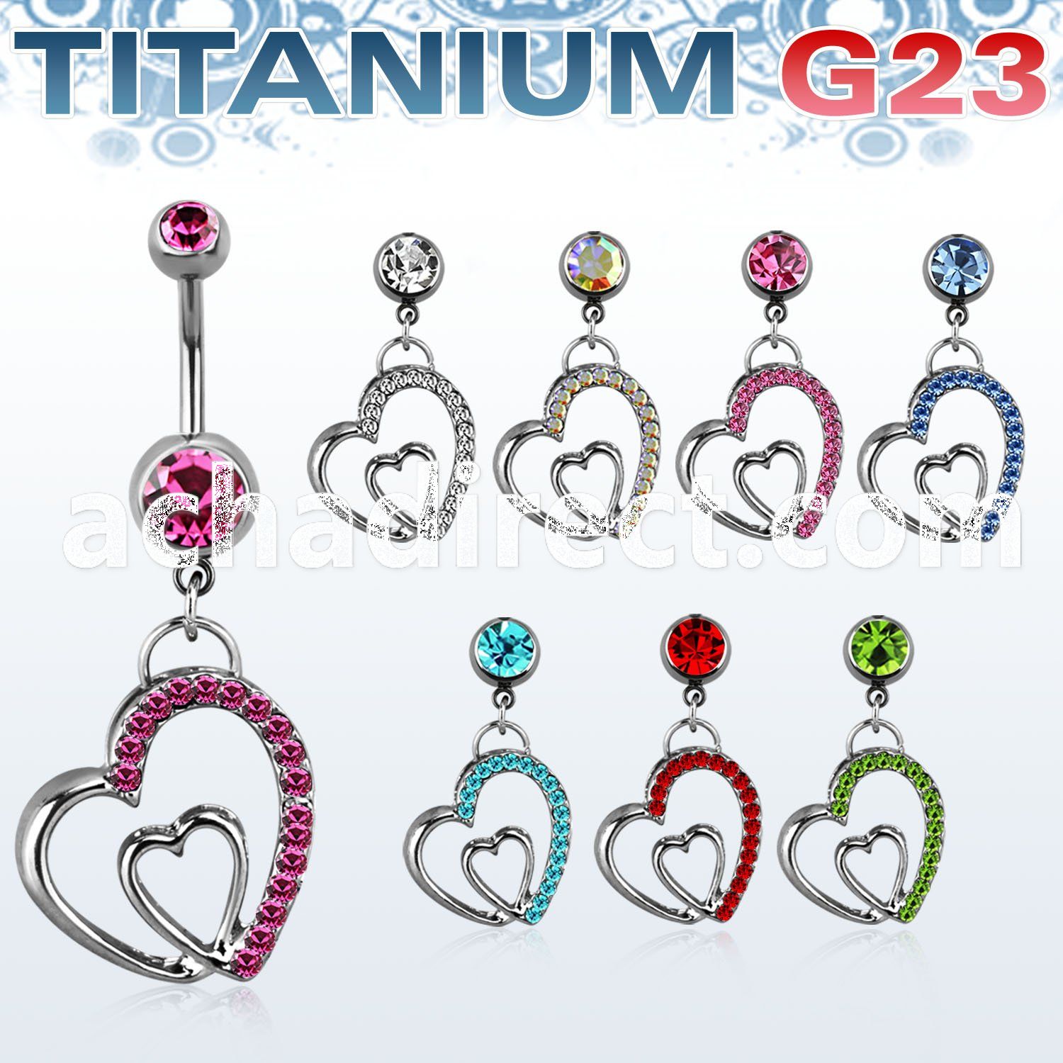 umcdhrc1 titanium g23 belly banana w heart in crystal heart 