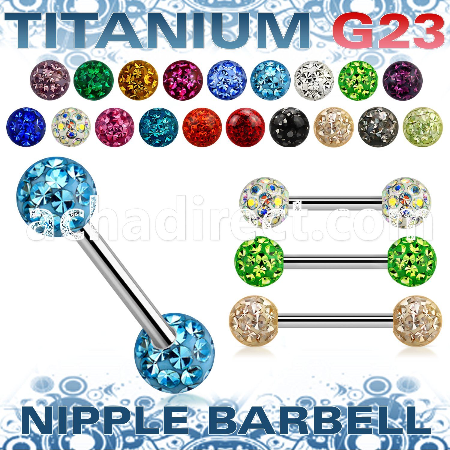 unpfr5 titanium g23 nipple barbell w 5mm multi crystal balls