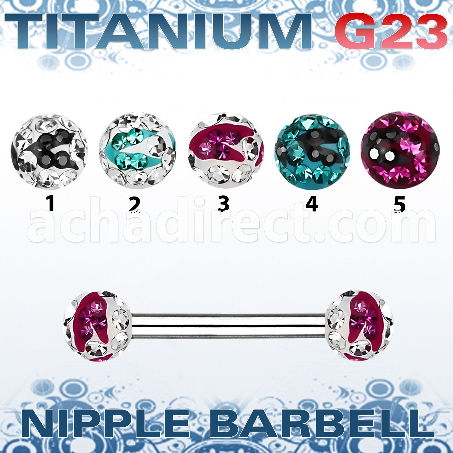 unpfr5c titanium nipple bar w 5mm multicrystal zebra balls