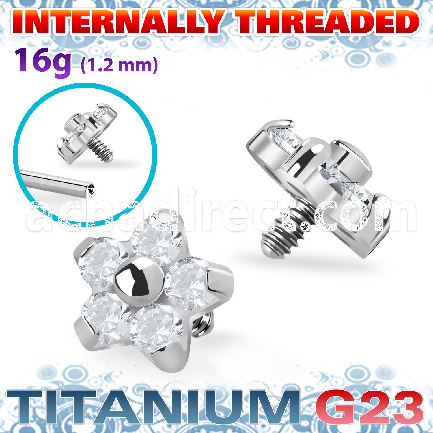 ushz15in high polished titanium g23 flower top cz prong set