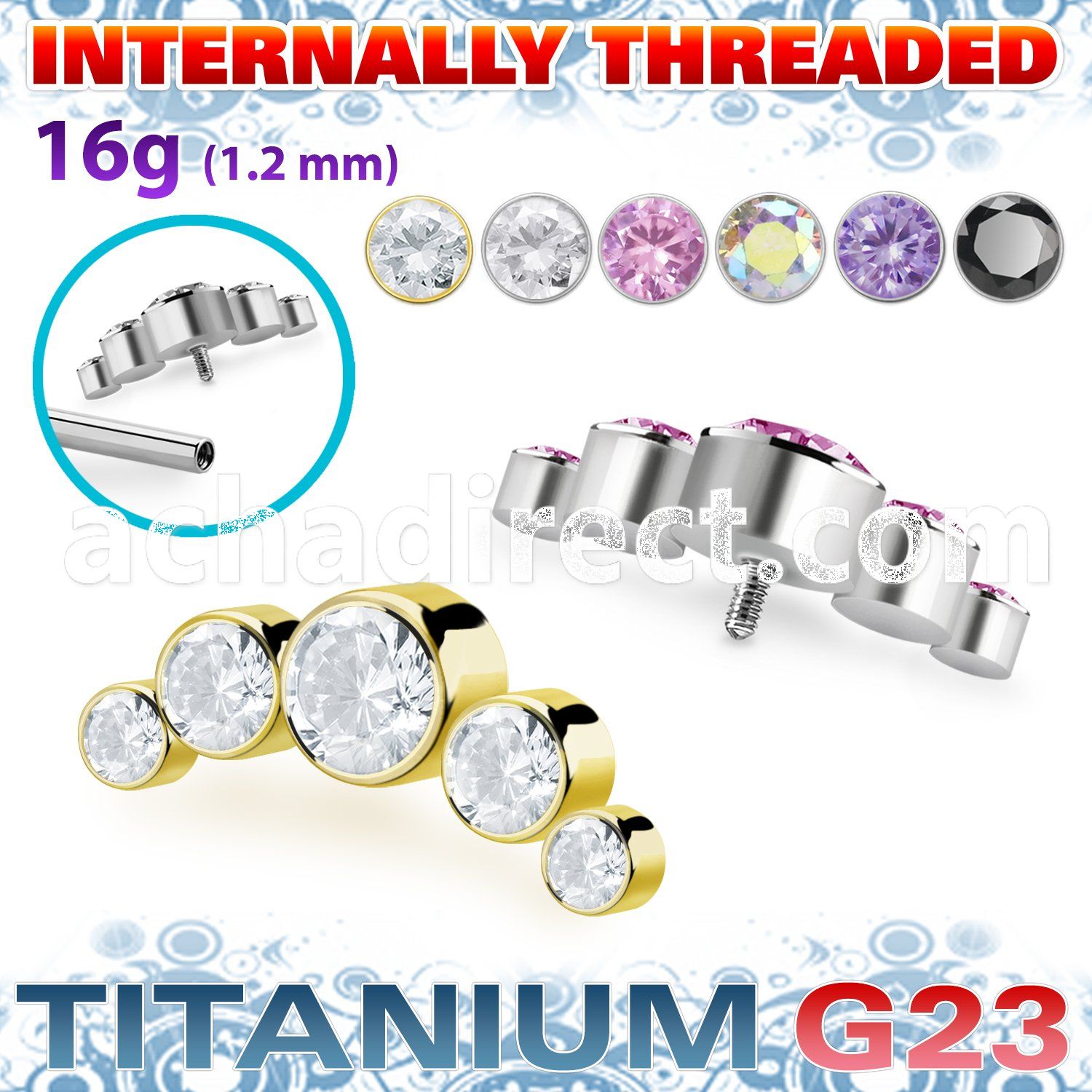 ushz3in titanium g23 top part post five round color cz