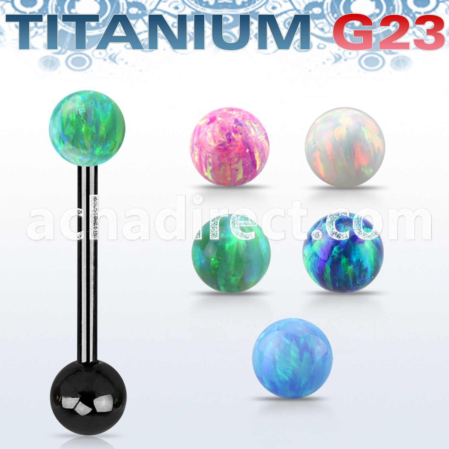 utbbop5 anodized titanium g23 tongue barbell w 5mm opal ball