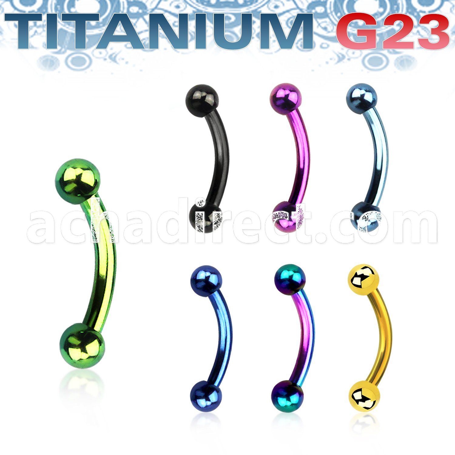 utbneb25 anodized titanium g23 eyebrow banana w 2 5mm balls