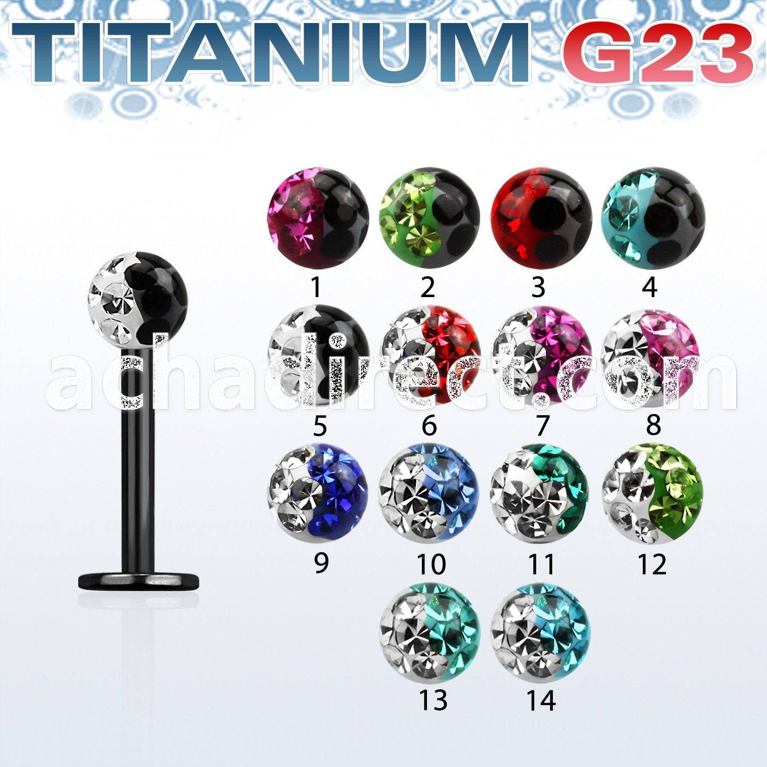 utlbfr3e anodized titanium g23 labret with 3mm 2 color ball