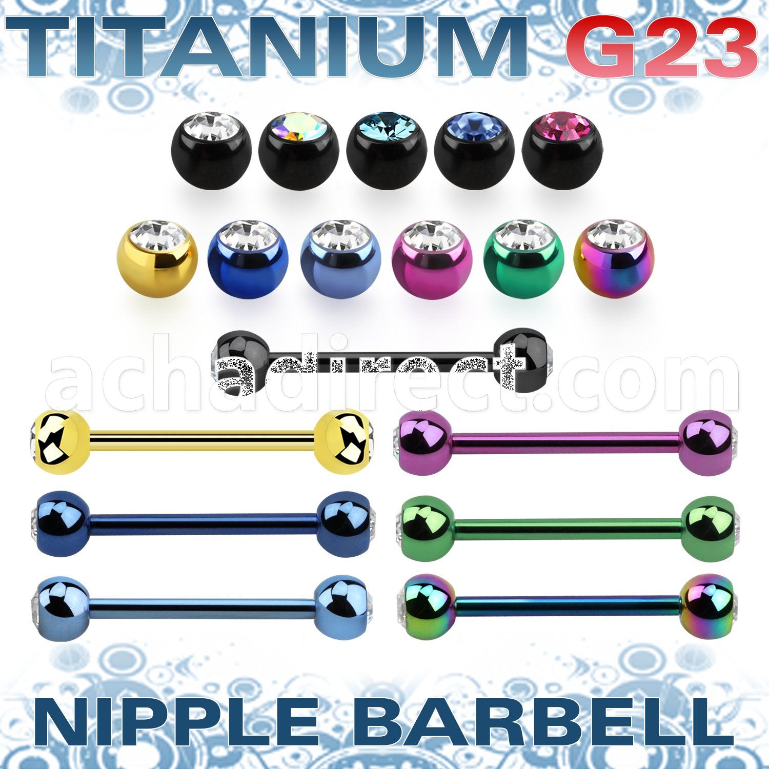 utnpjb5 titanium g23 anodized nipple barbell w 5mm jewel balls