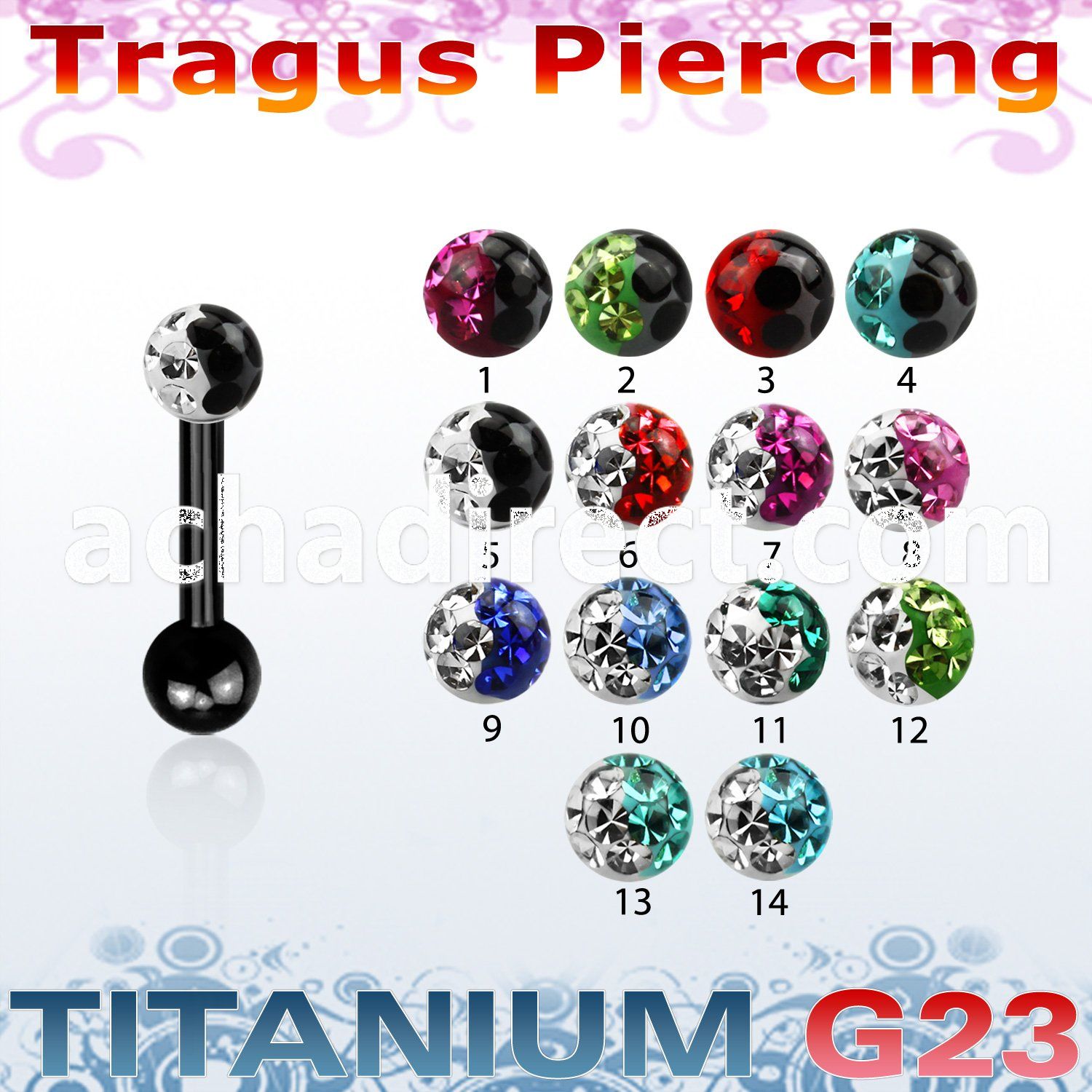 utrgt7e anodized titanium g23 tragus piercing with 2color ball