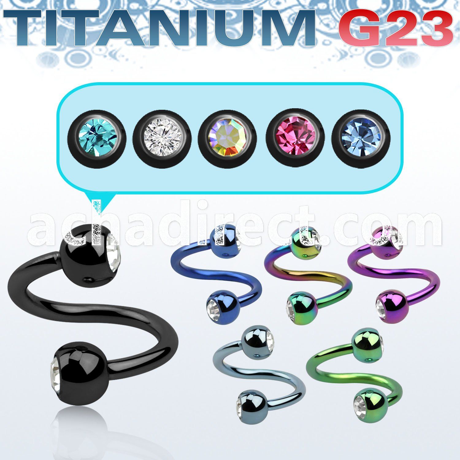 utspe2c4 anodized titanium g23 spiral w 4mm bezel set jewel balls