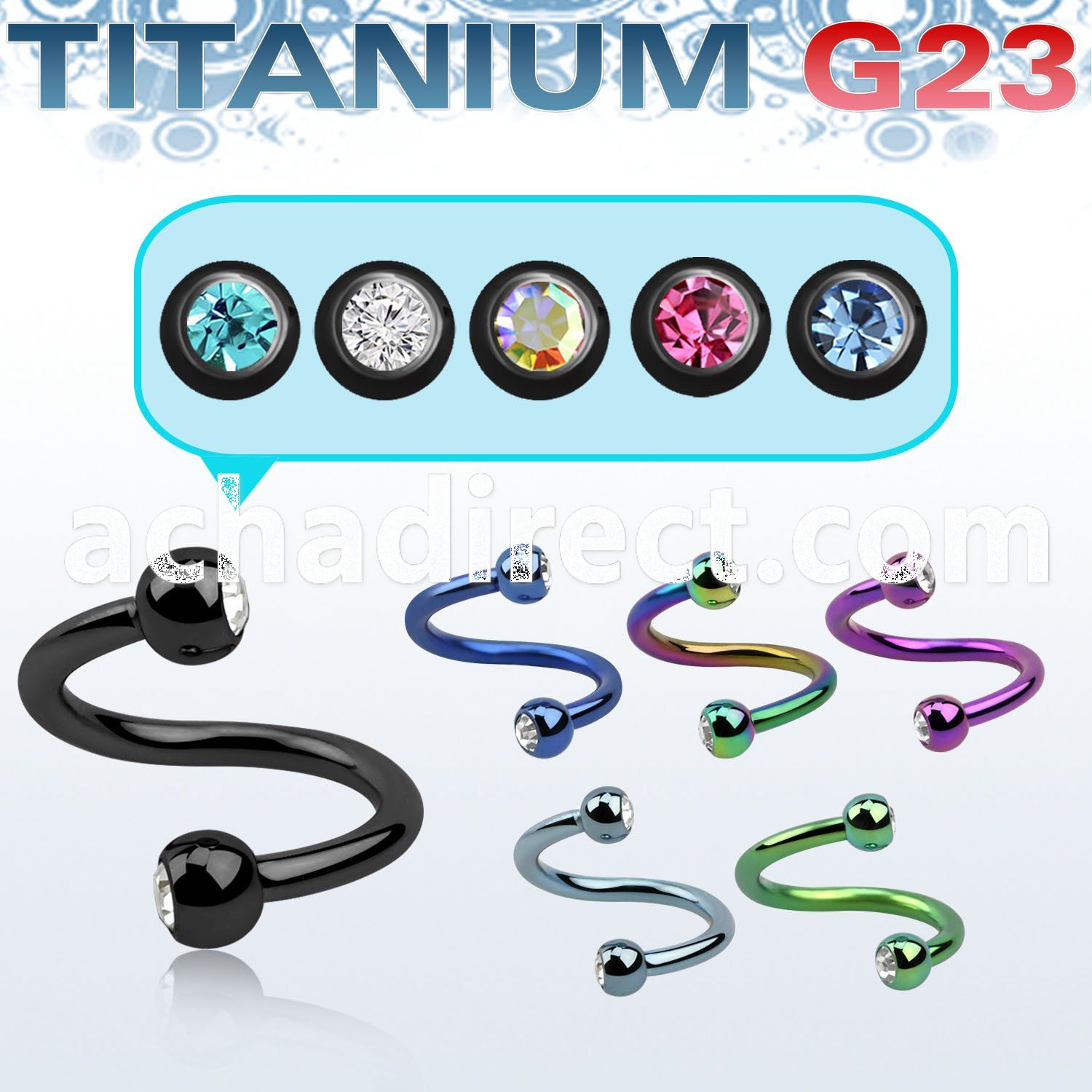 utspe2c anodized titanium g23 spiral w 3mm bezel set jewel balls