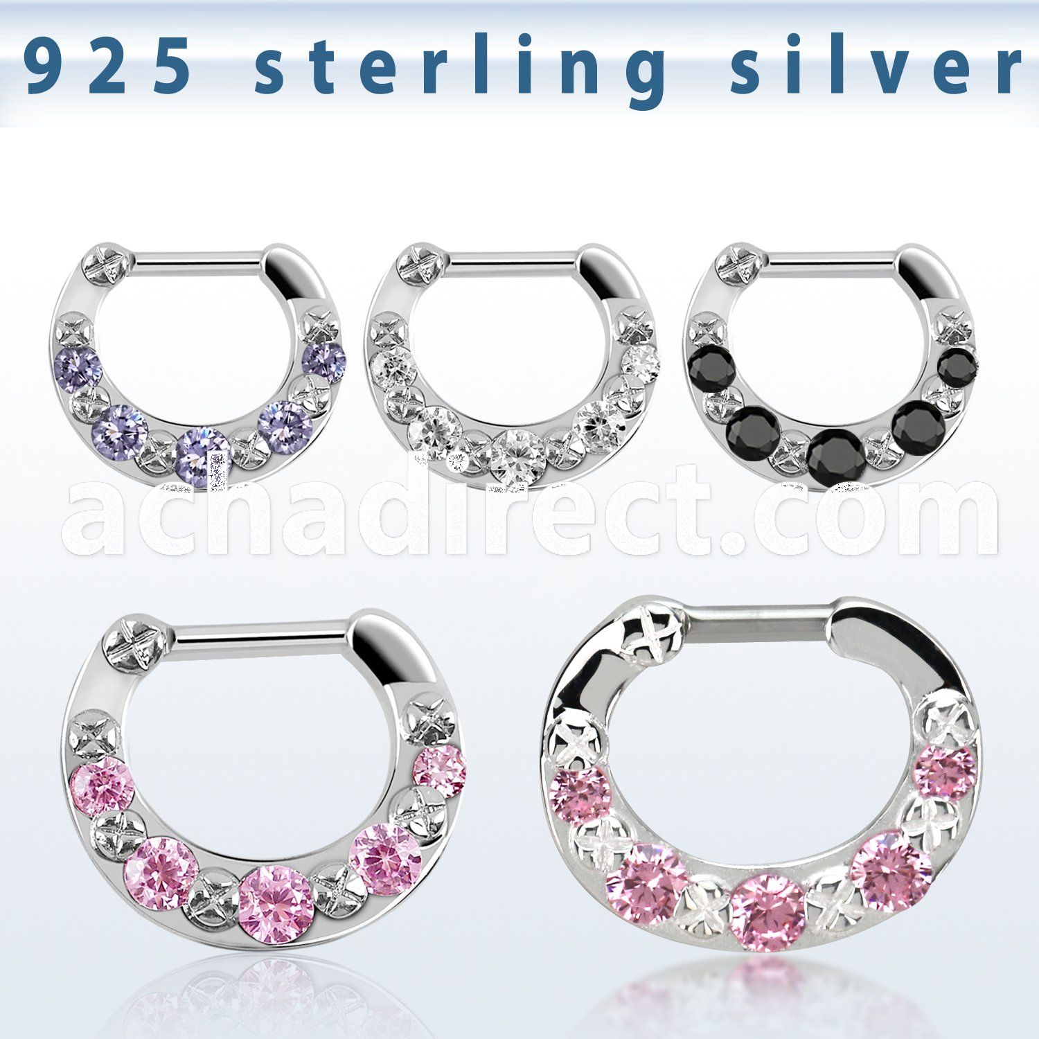 vsepg14 925 silver septum clicker 1.2mm w 5 cz stones
