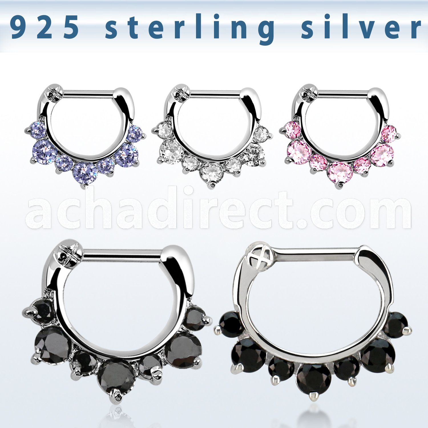 vseph16 925 silver septum clicker 1.6mm w 3 big 4 small czs