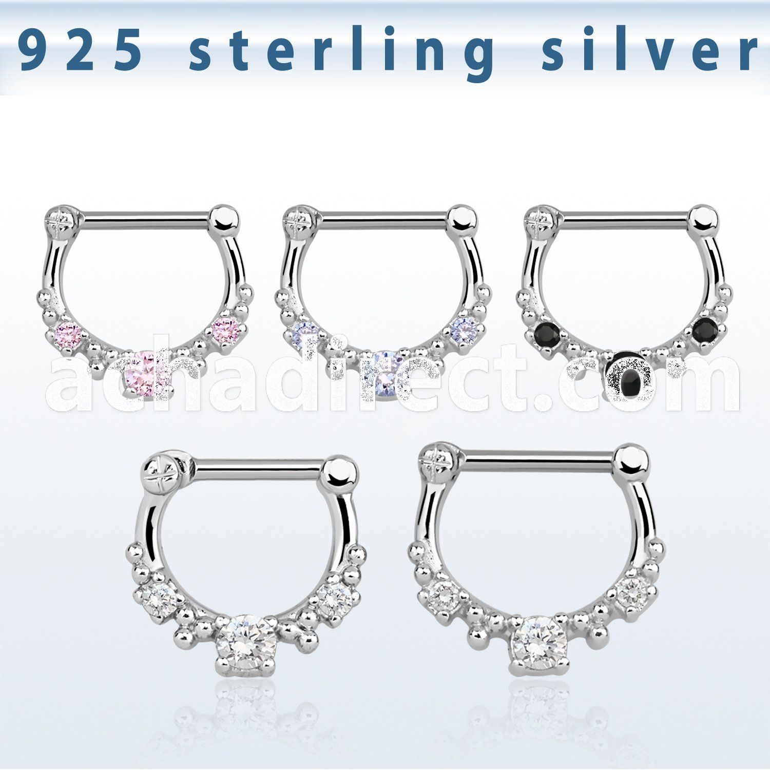 vsepl16 high hanging 925 silver septum clicker 1.6mm w 5cz stone