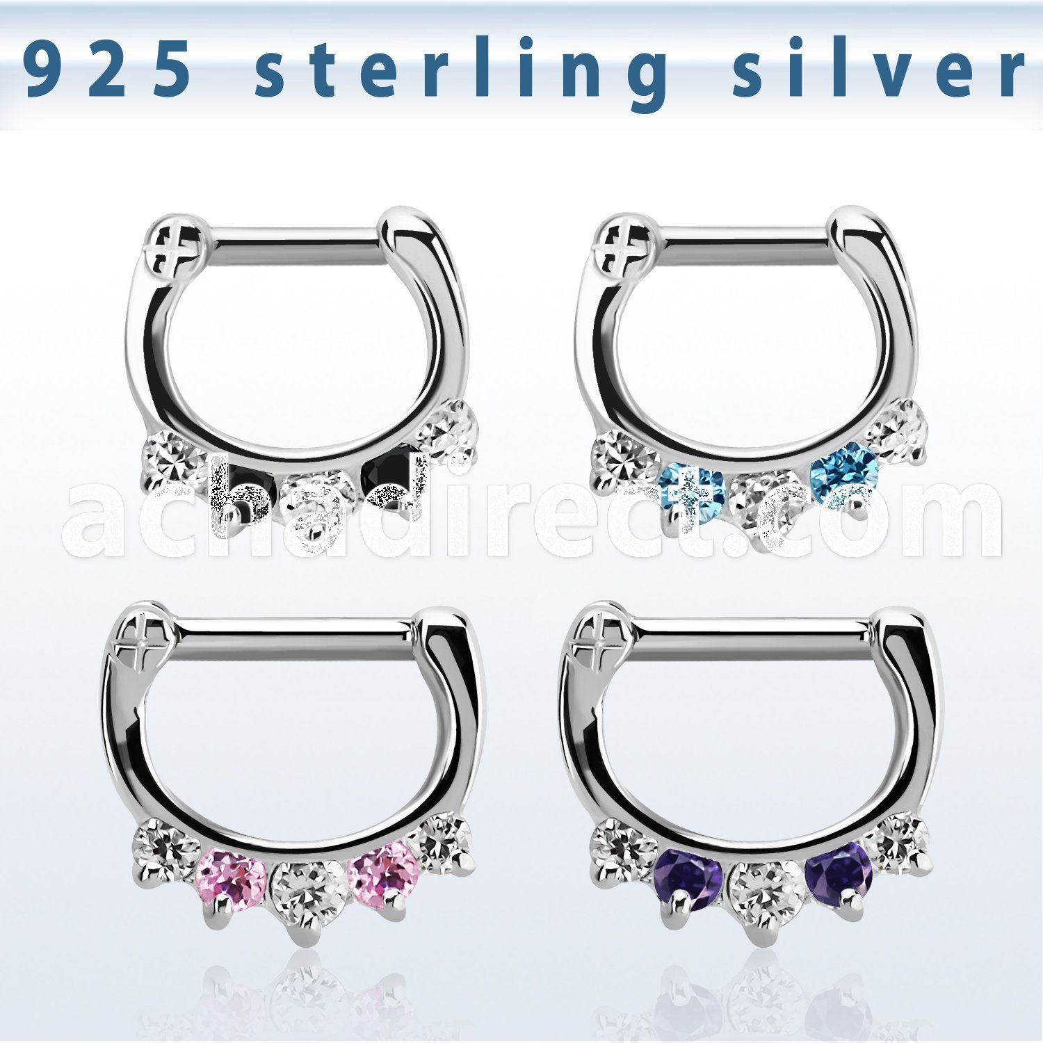 vsepqx14 silver septum clicker 14g w 1 big cz 4 small cz mix