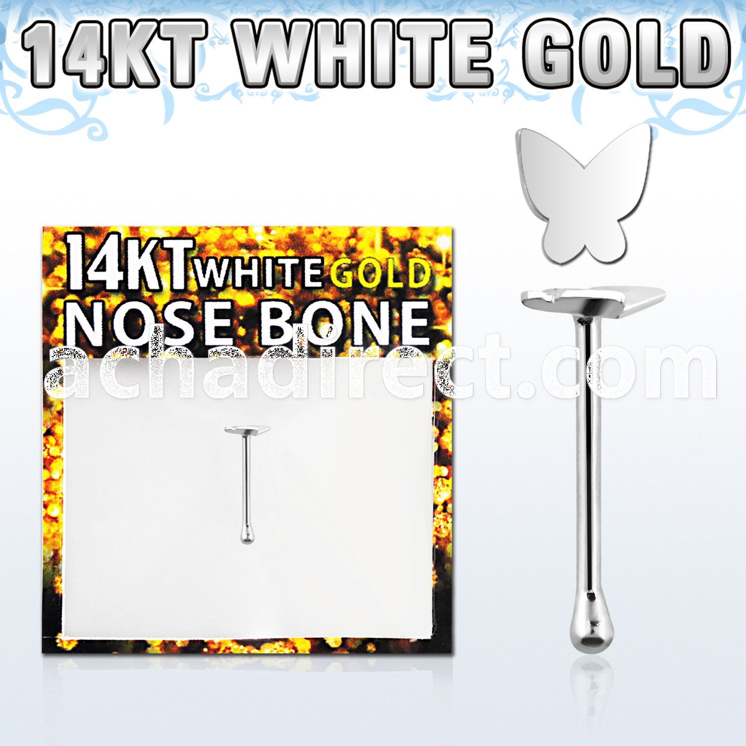wbbt2 14kt white gold nose bone with 3 5mm plain butterfly top