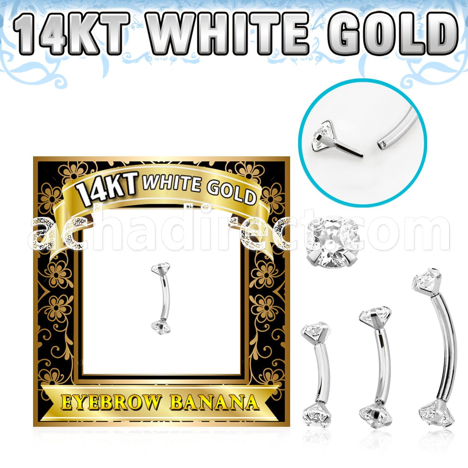 wbnz 14k white gold eyebrow banana clear cz