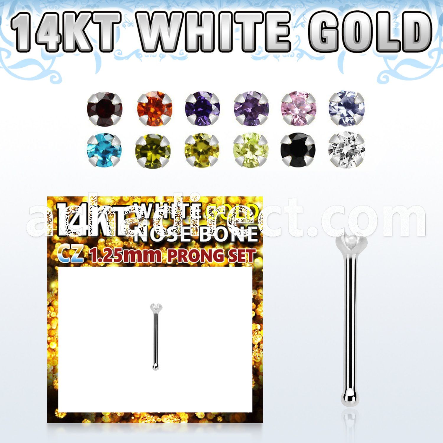 wbzm12 14kt white gold nose bone w tiny 1.25mm color cz stone