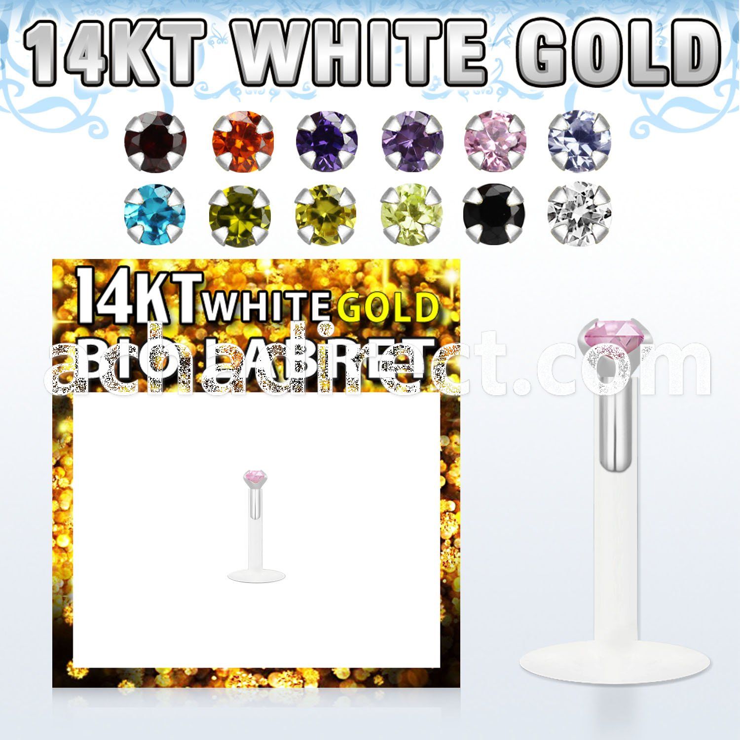wgbizm bioflex labret w push in 14kt white gold w prong cz