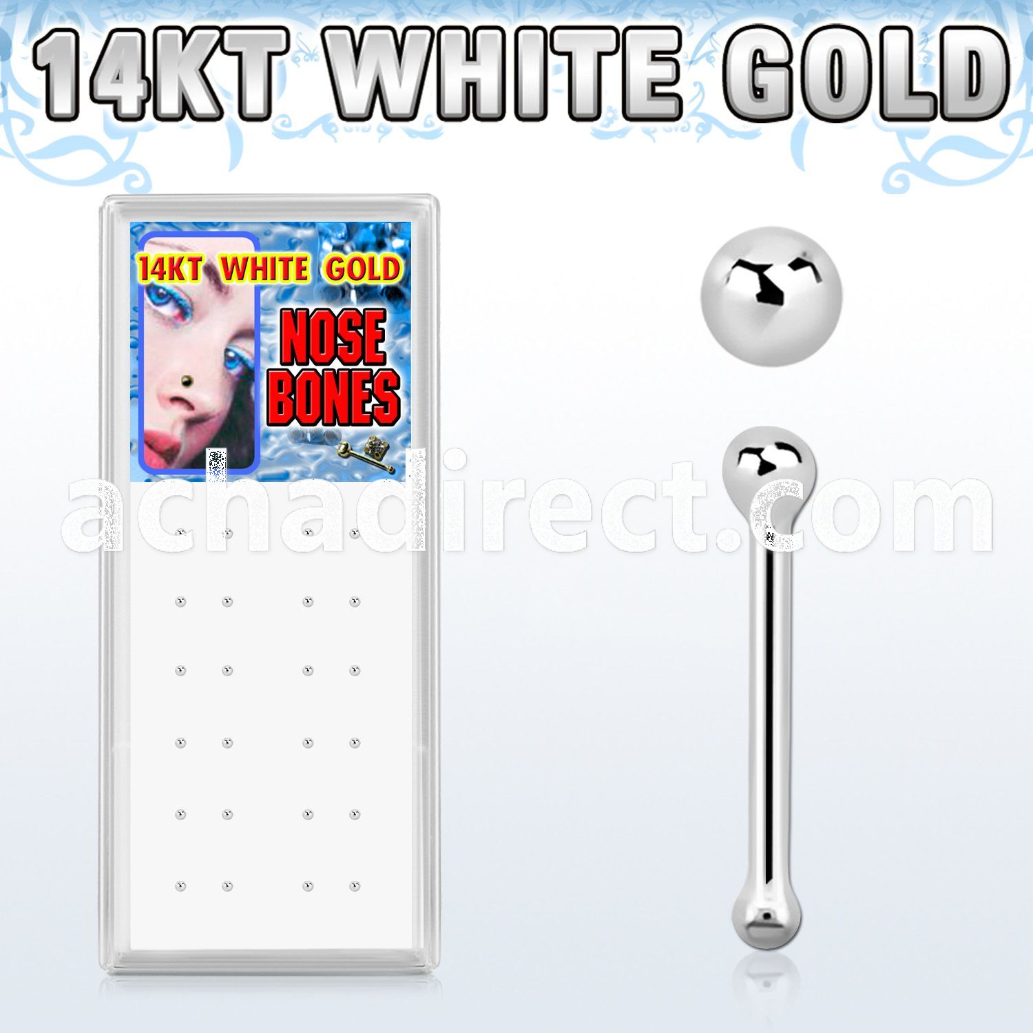 wgnbbx box of rhodium plated 14k white gold ball nose bones