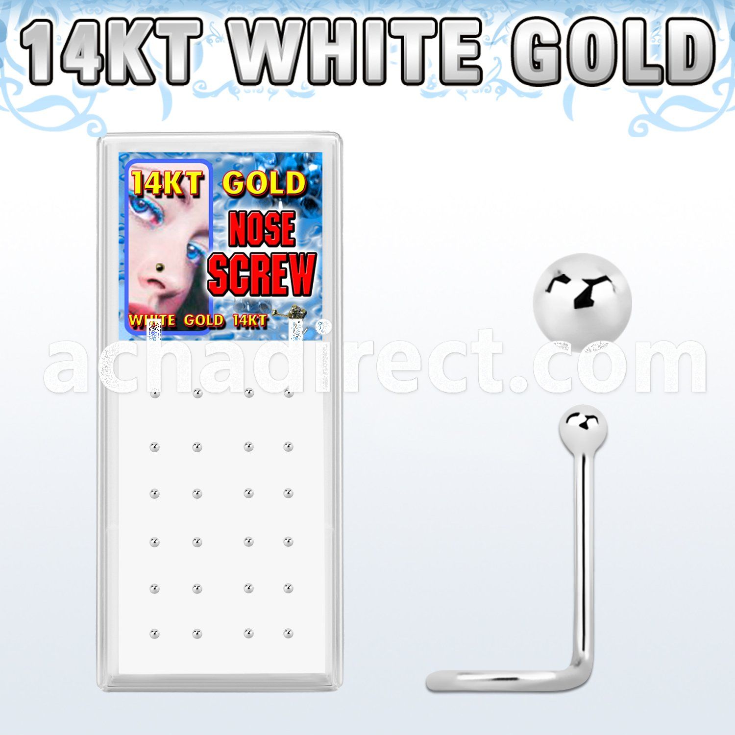 wgscb box of 14kt white gold nose screws w white gold balls