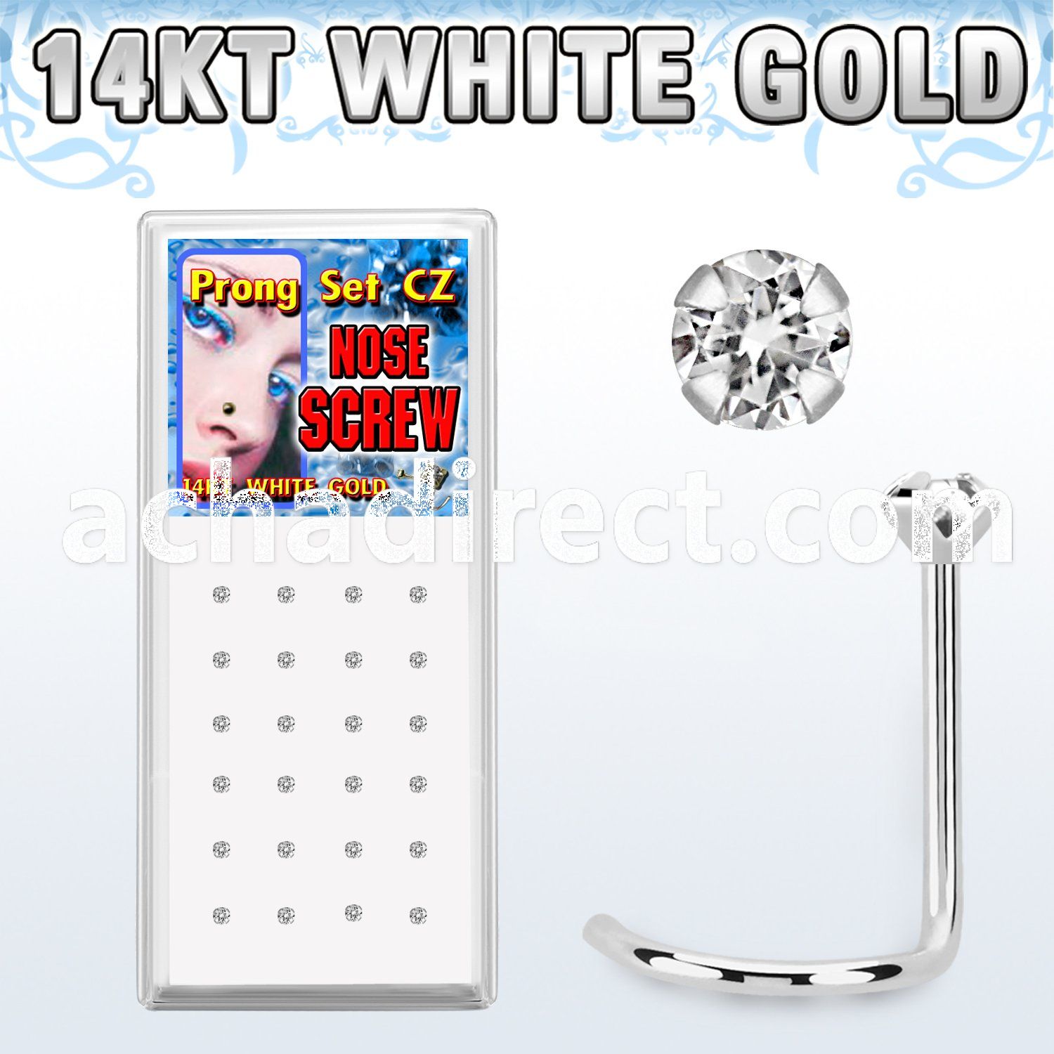 wgsczc box of 14kt white gold nose screws with prong set cz