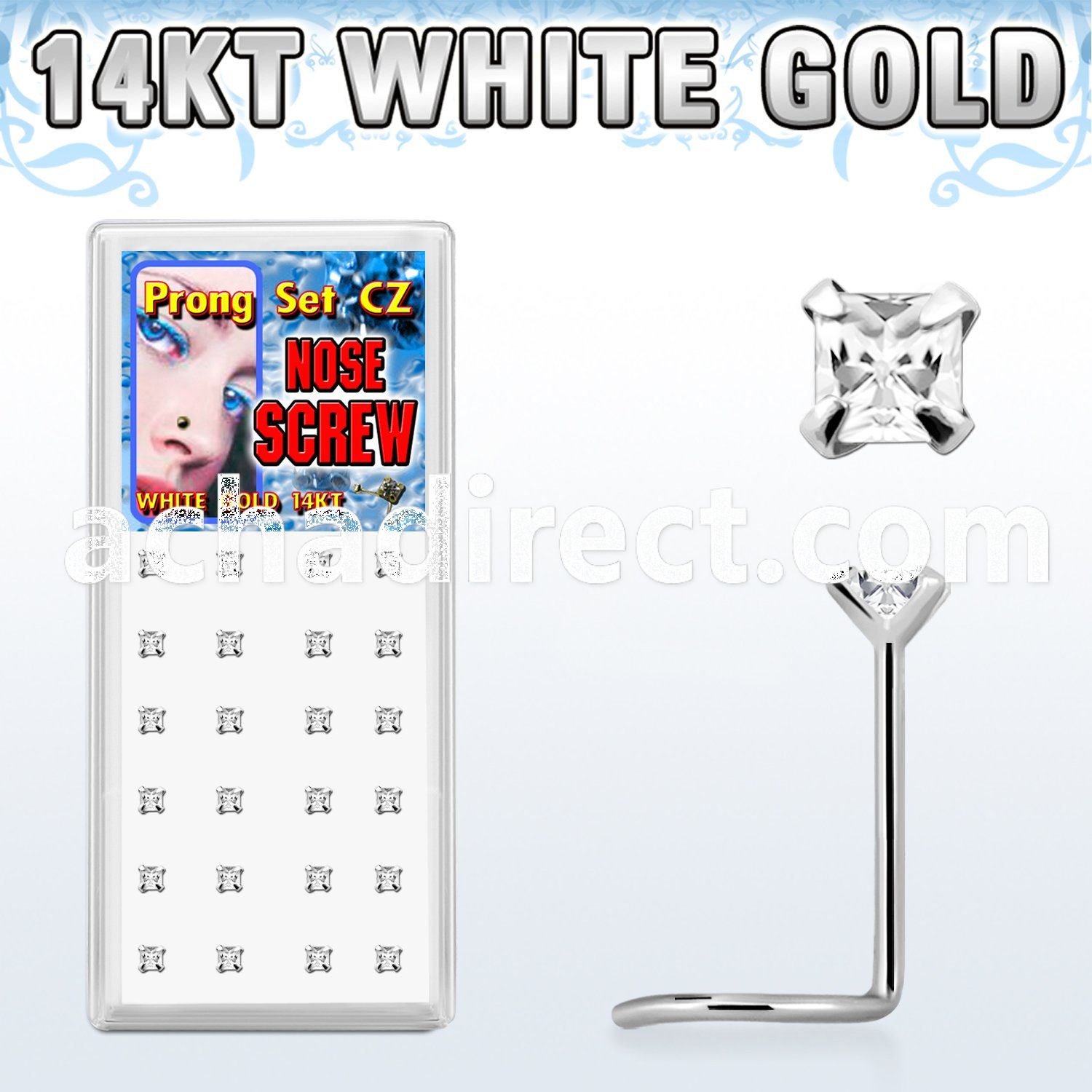 wgszqc box of 14kt white gold nose screws with square clear cz