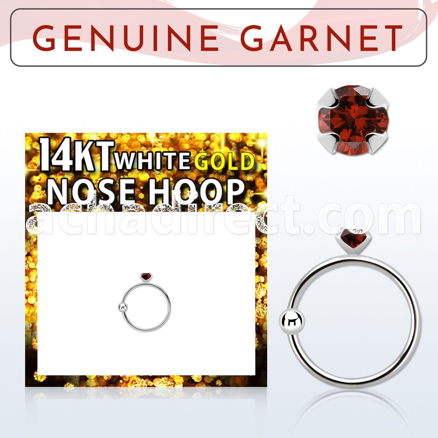 whge2 14kt white gold nose hoop w 2mm prong set garnet stone