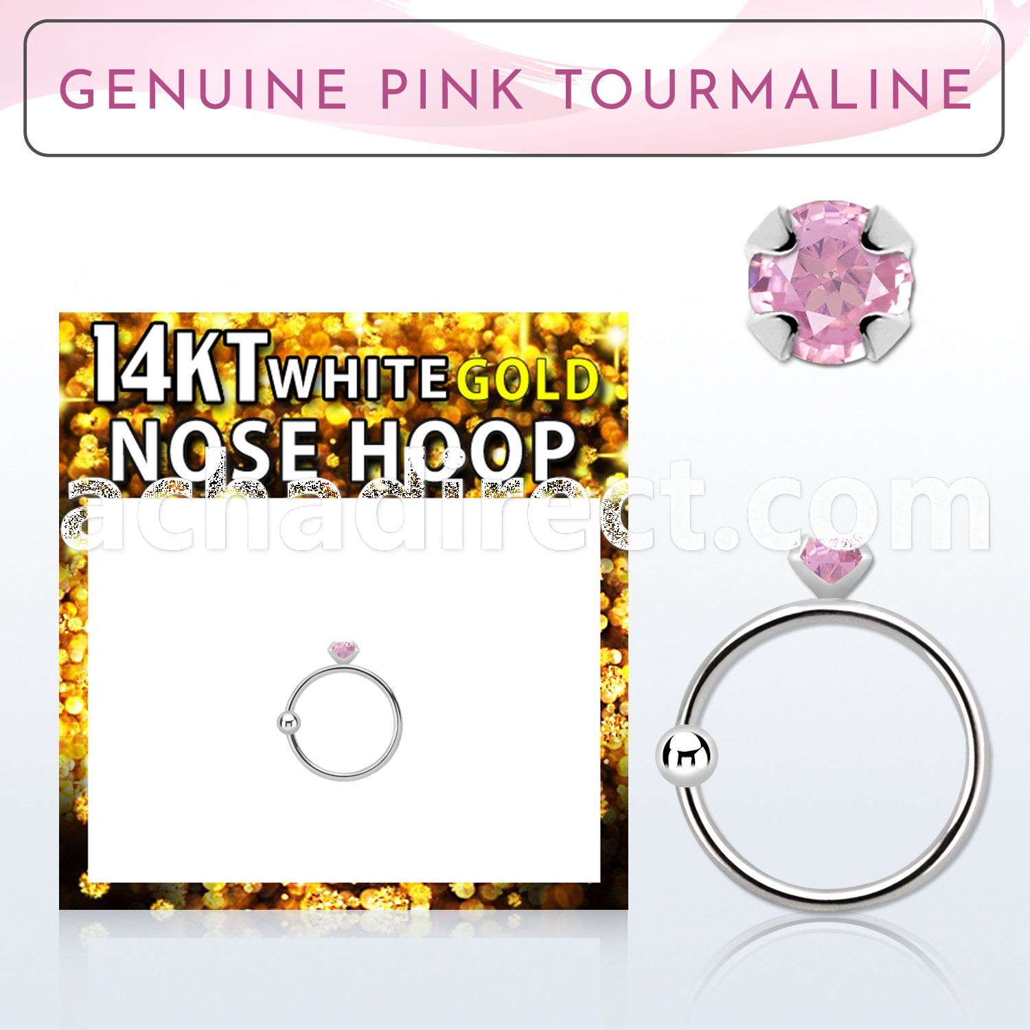 whge3 14kt white gold nose hoop w prong set pink tourmaline