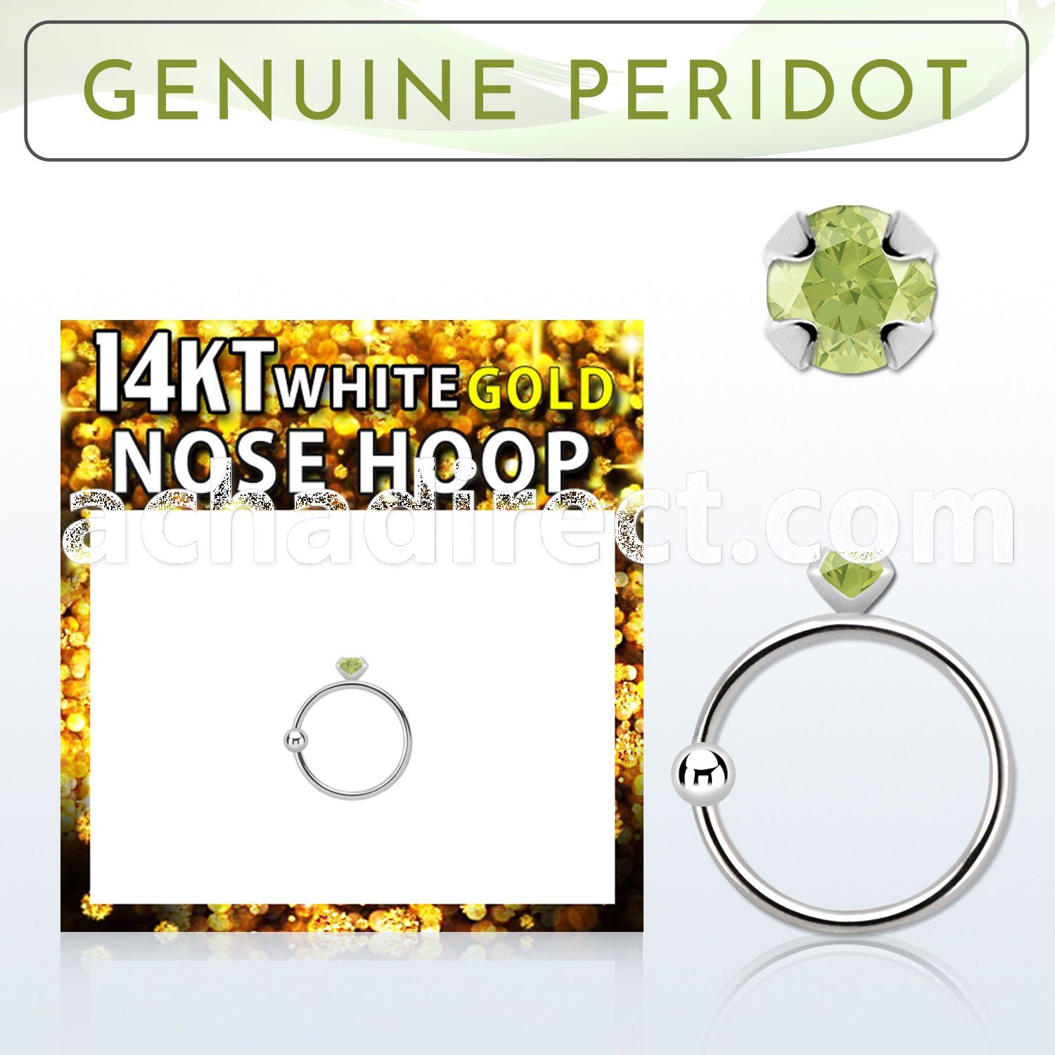 whge4 14kt white gold nose hoop w 2mm prong set peridot stone