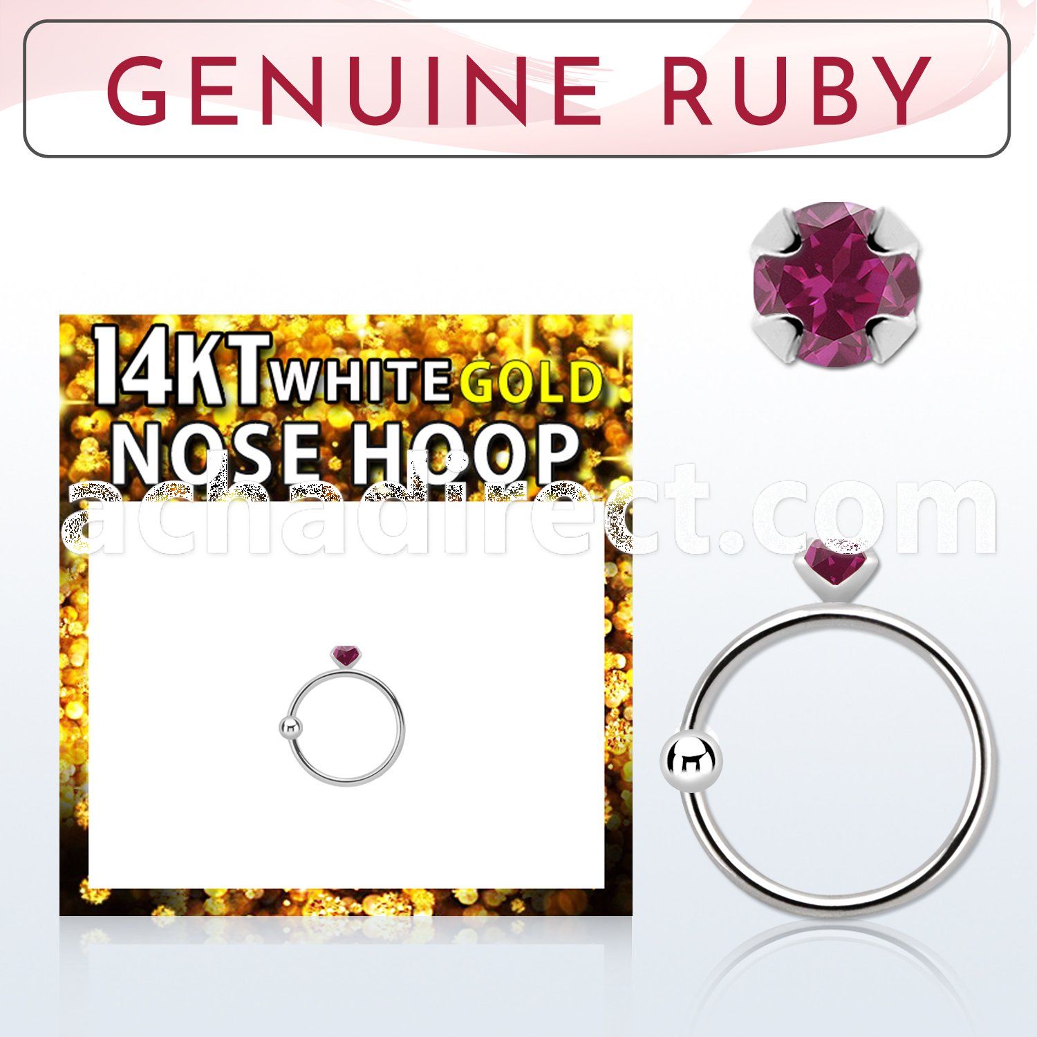 whge5 14kt white gold nose hoop w 2mm prong set ruby stone
