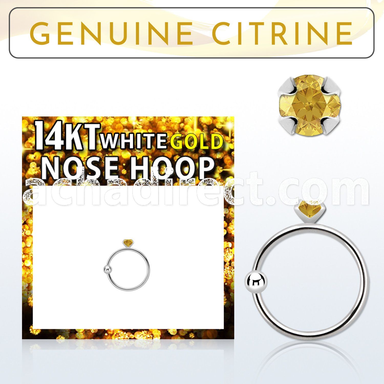 whge6 14kt white gold nose hoop w 2mm prong set citrine stone