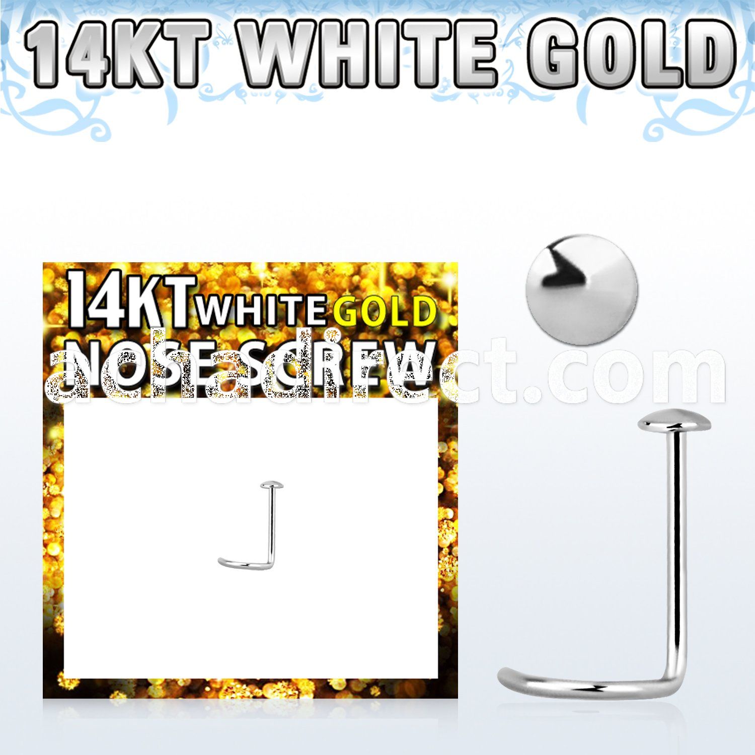 wsrd 14kt white nose screw w 2mm plain gold round top