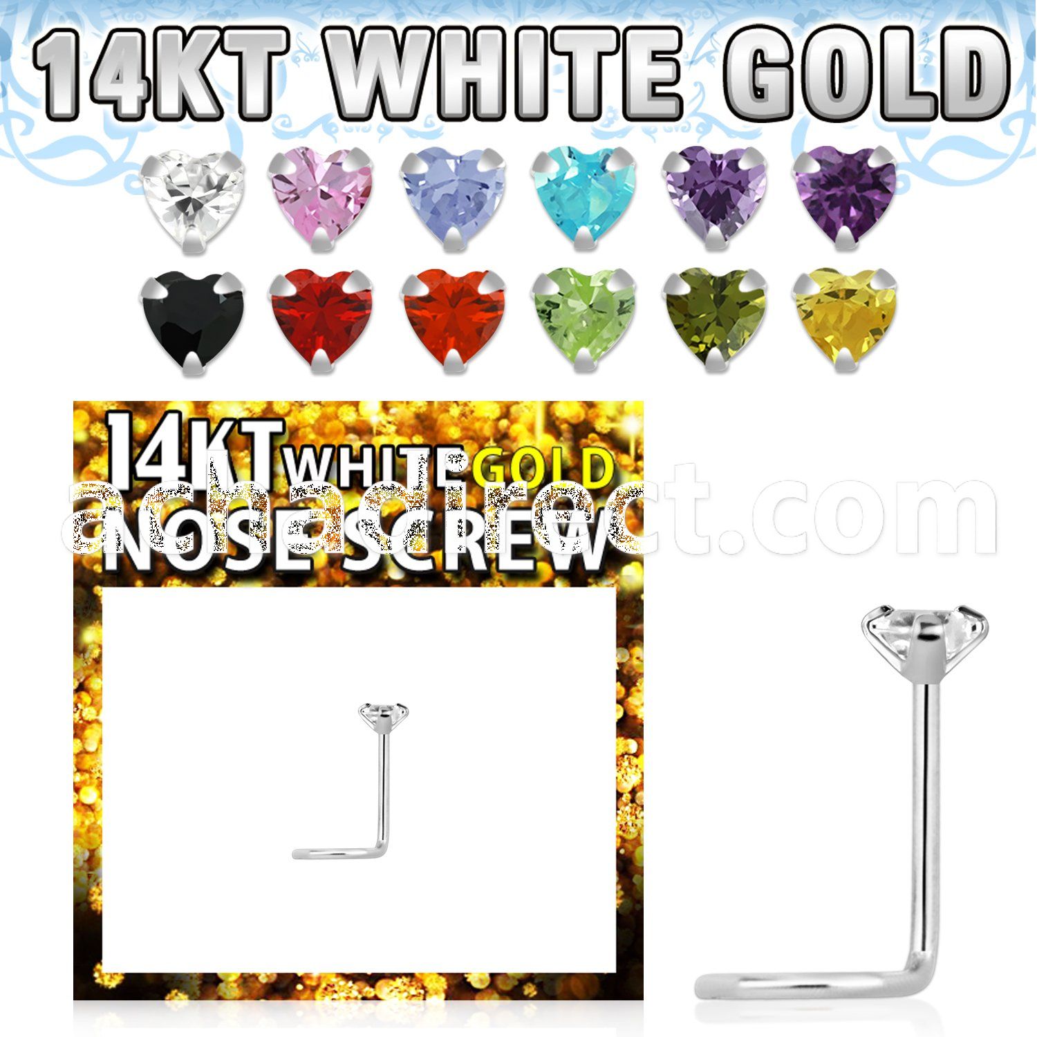 wszhc1 14kt white gold nose screw, w 3mm heart cz stone