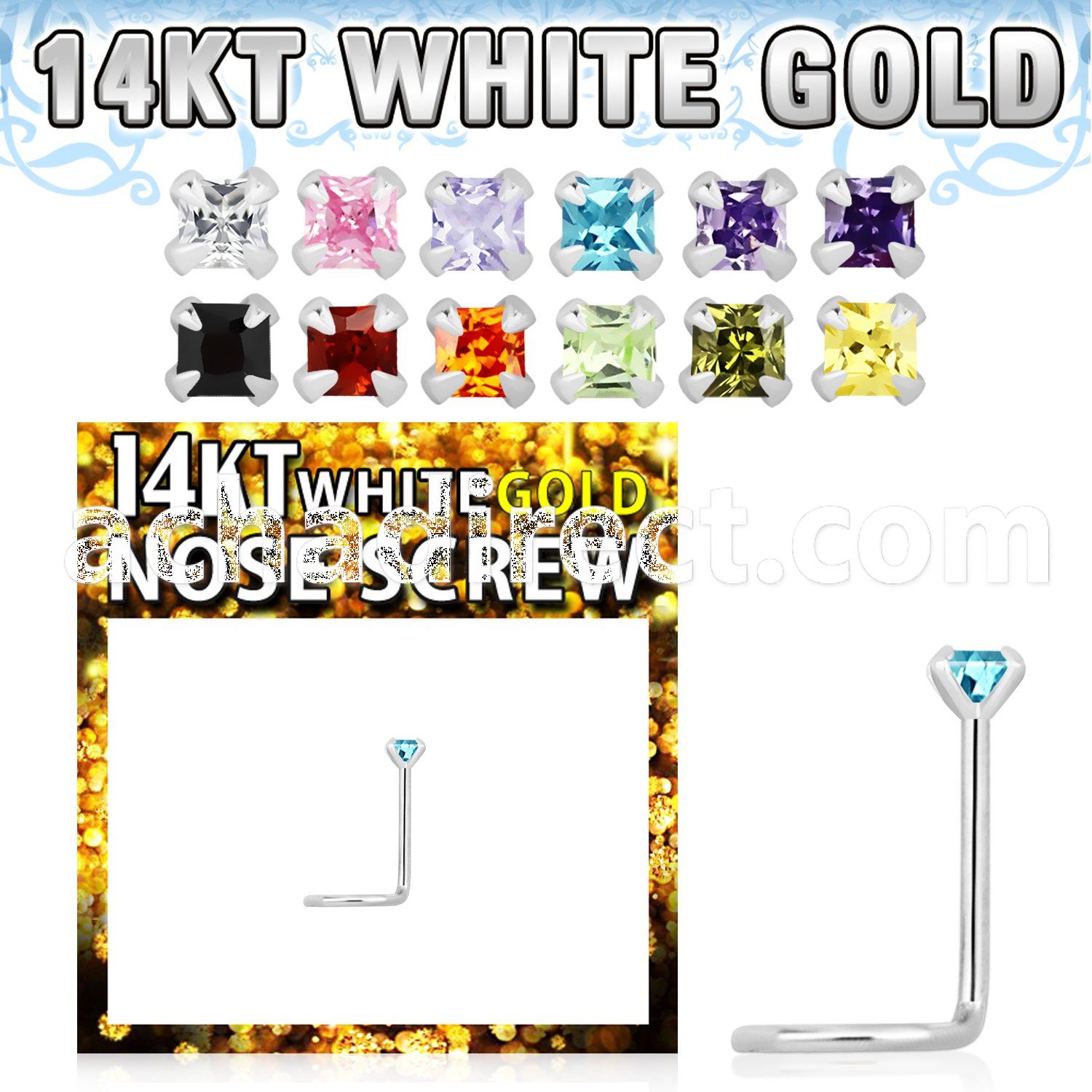 wszqc1 14kt white gold nose screw, w 2mm square cz stone