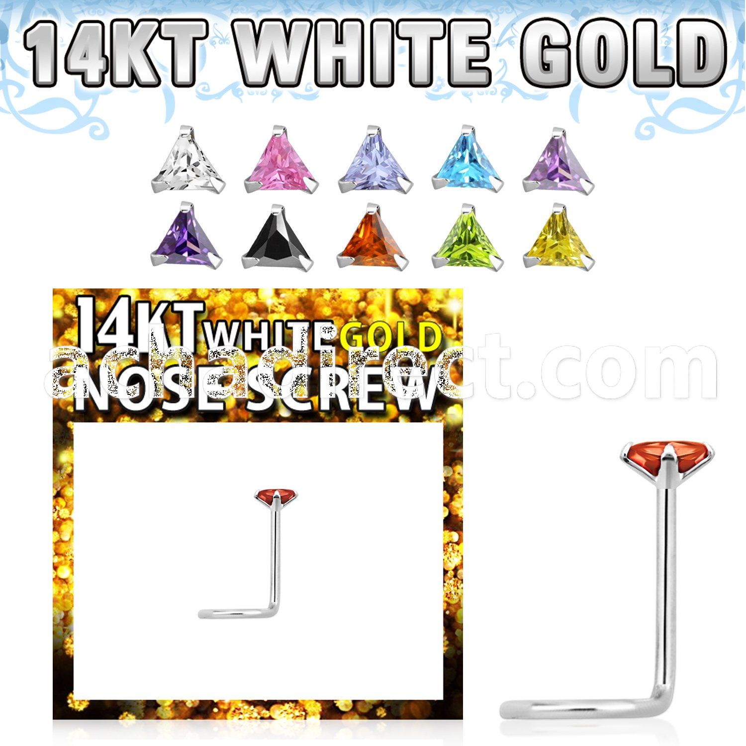wsztc1 14kt white gold nose screw, w 3mm triangle cz stone