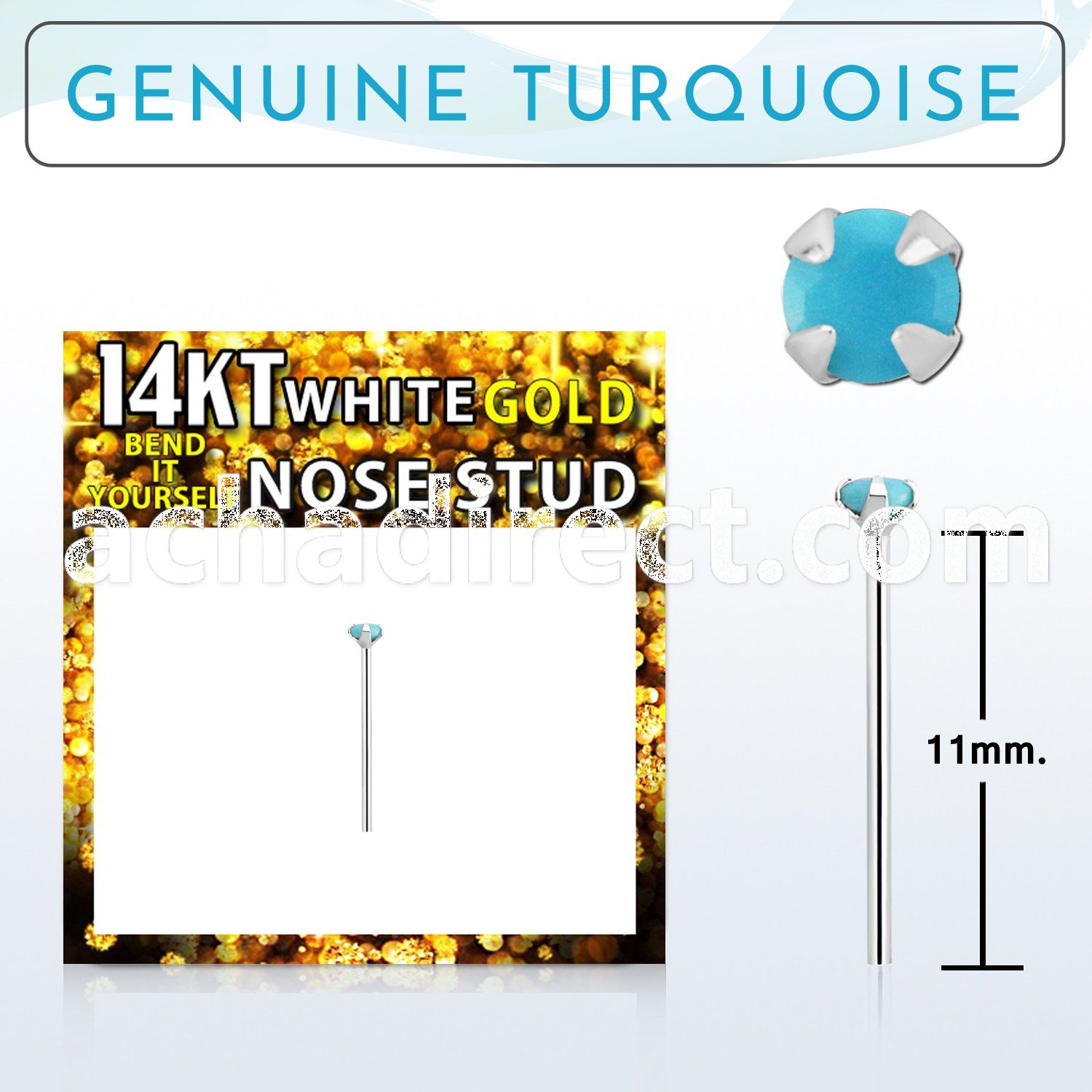 wyge7 14kt white gold bend it nose stud w 2mm turquoise