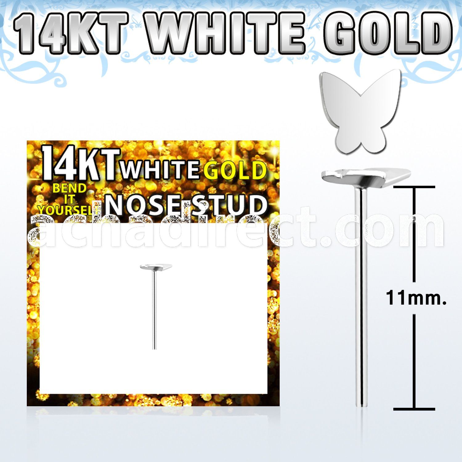 wysbt2 14kt white gold bend it nose stud with butterfly top