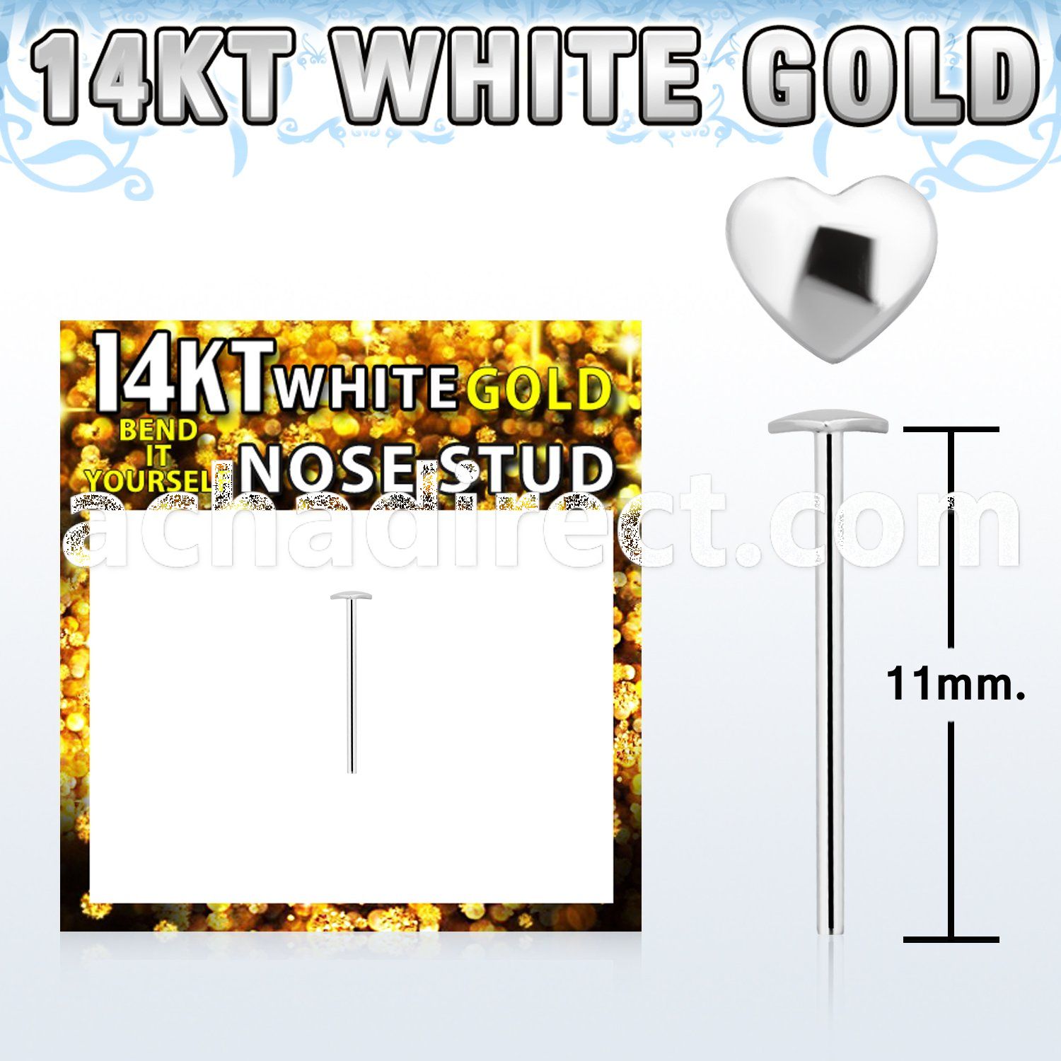 wysht1 14kt white gold bend it nose stud with 2 5mm heart top