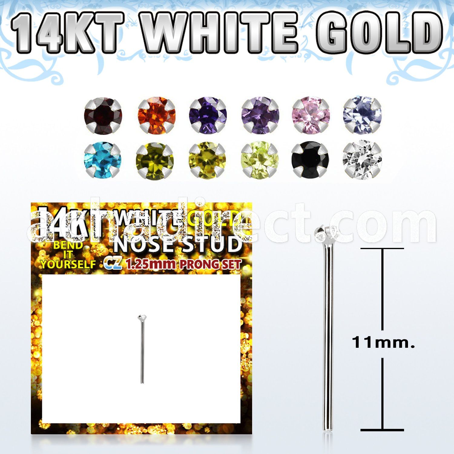 wyzm12 14kt white gold bend it nose stud 1.25mm set color cz