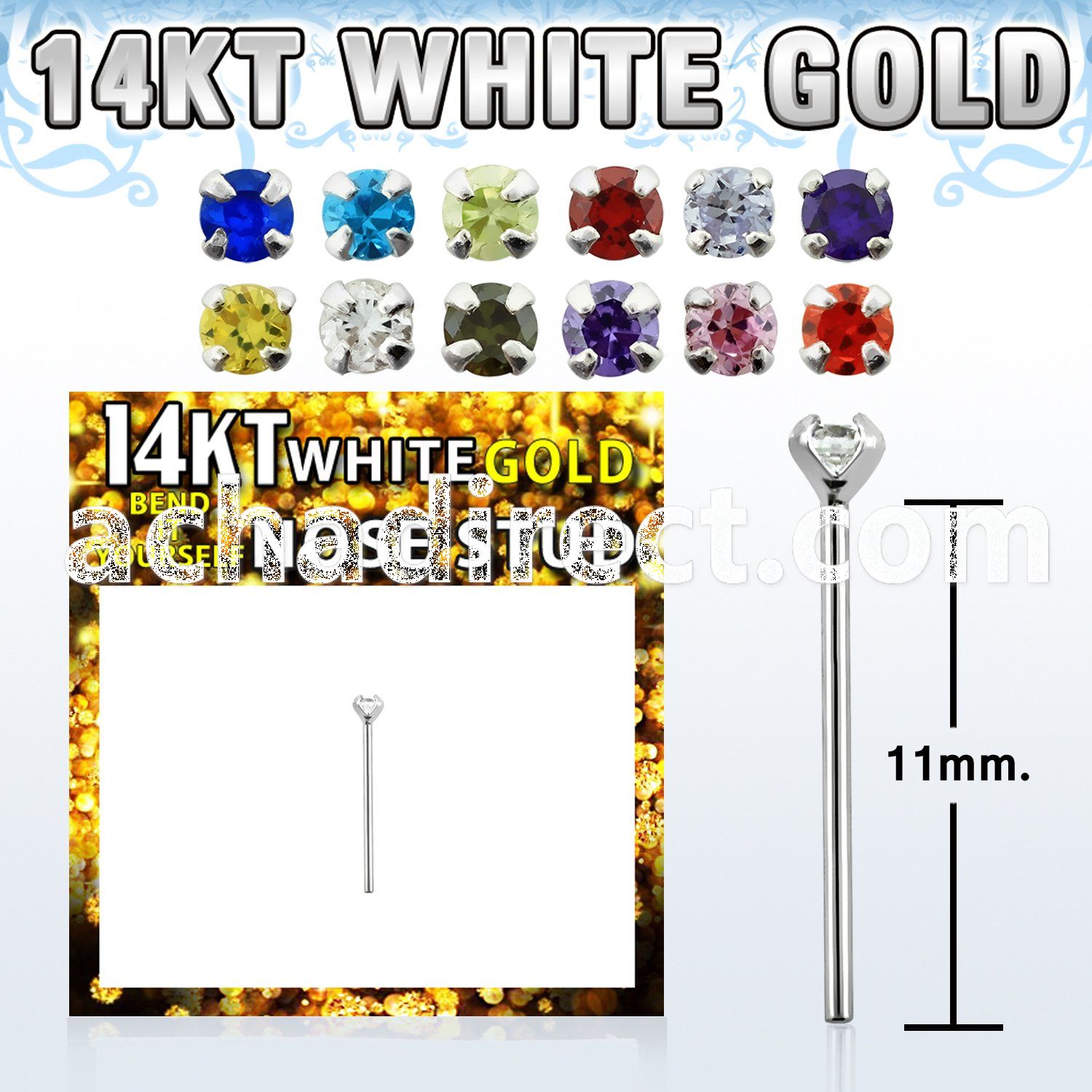 wyzm1 14kt white gold bend it nose stud with prong set cz