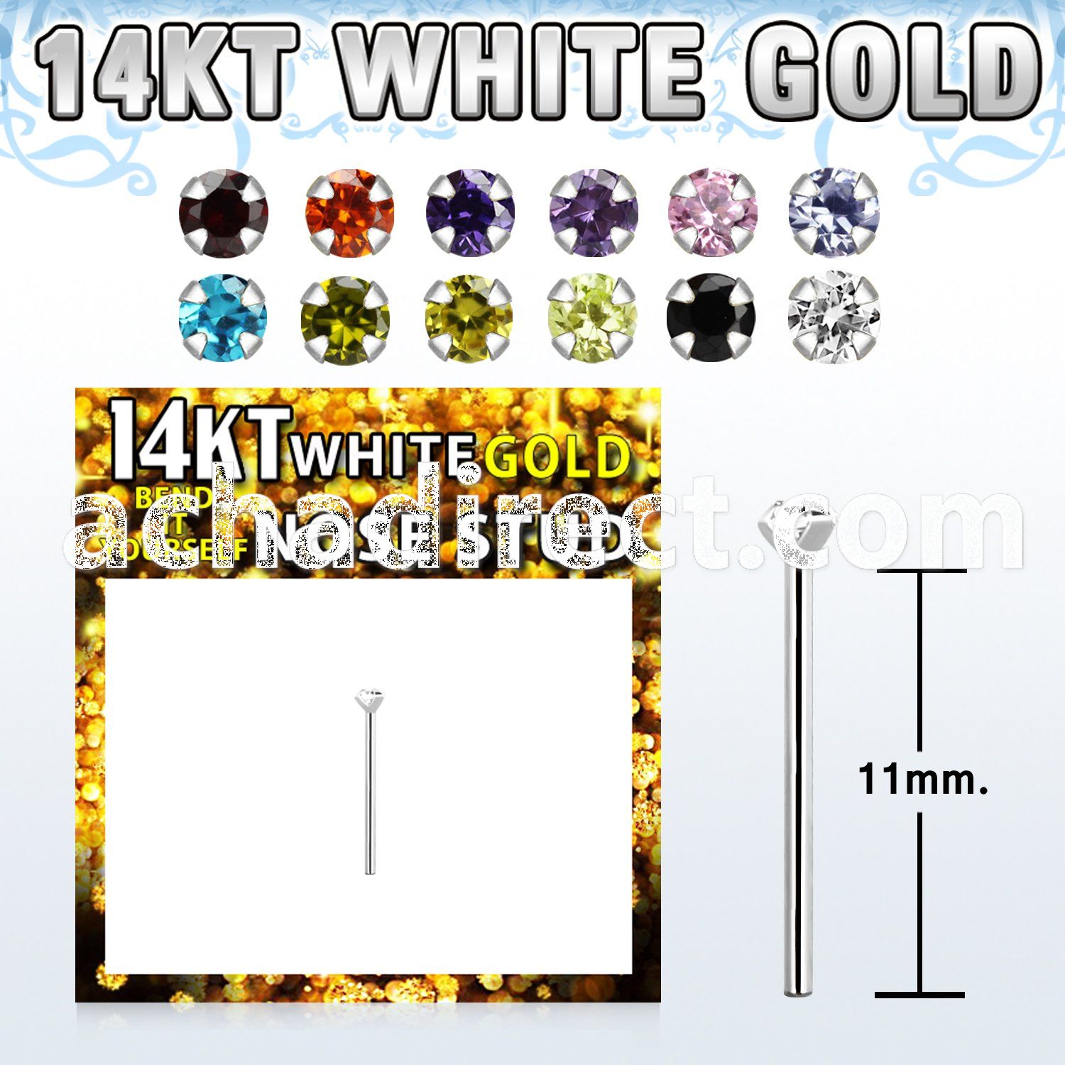 wyzsm1 14kt white gold bend it nose stud w a 1.5mm cz stone