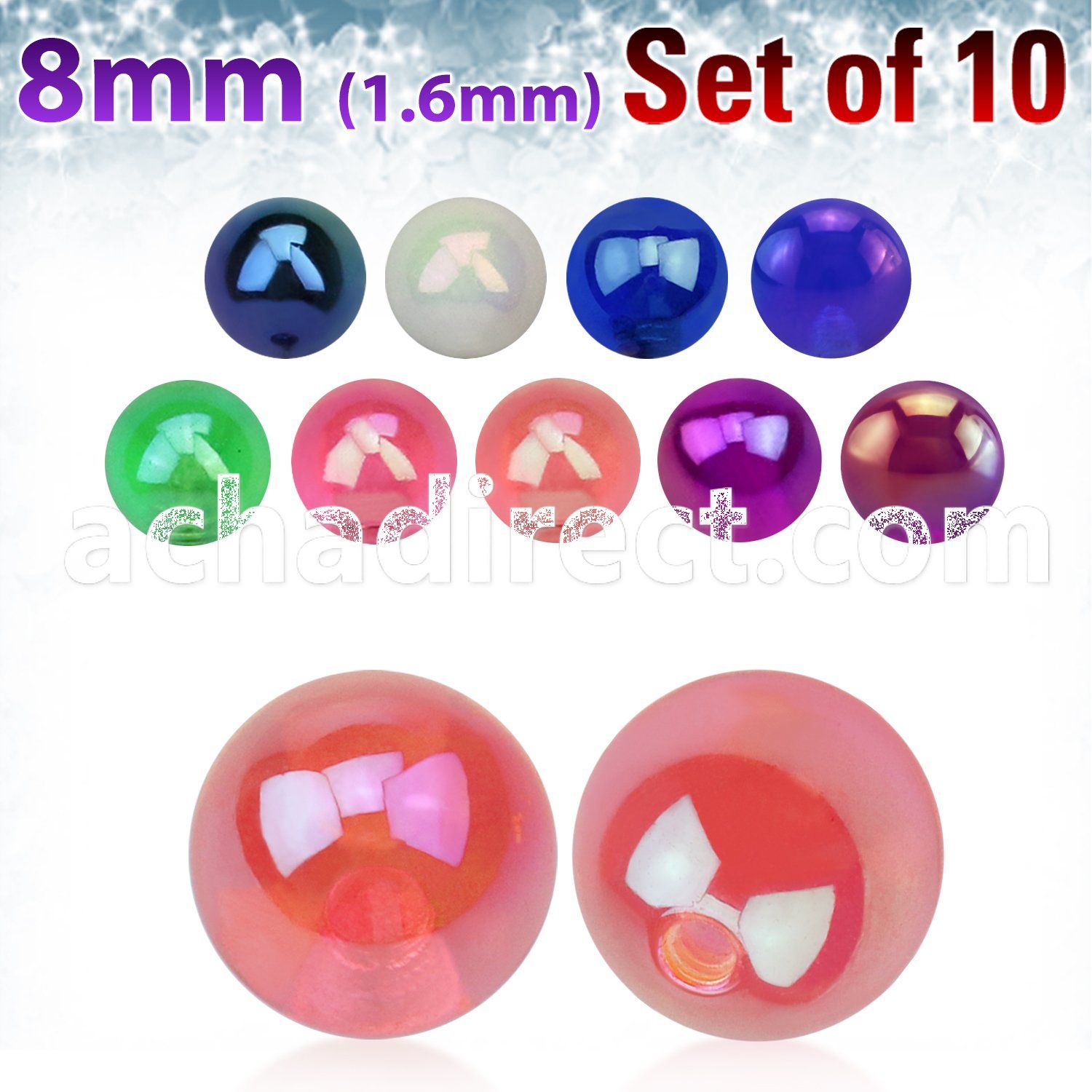 xabuvb8 set of of 8mm ab coated acrylic balls w 1.6mm threading