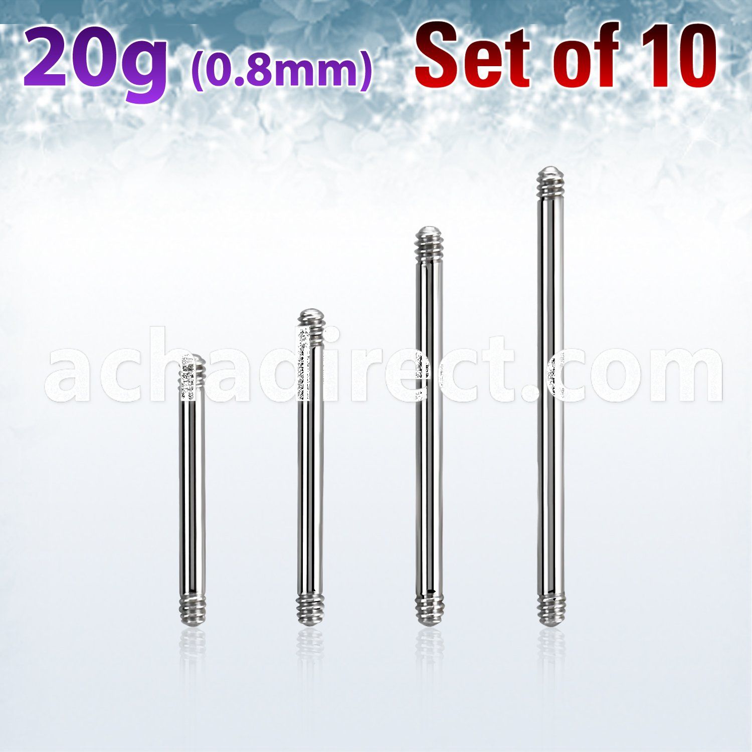 xbb20g set w 10 surgical steel barbell posts w 0.8mm threading