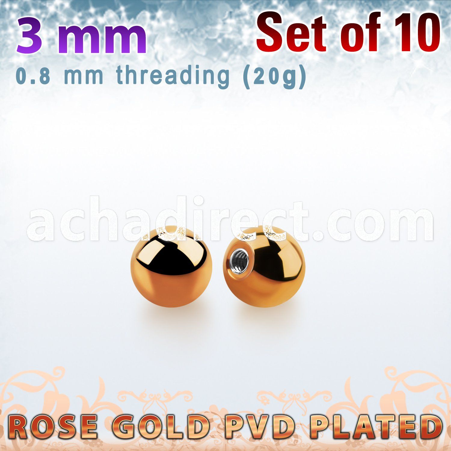 xbtt3xs rose gold pvd plated surgical steel 3mm balls