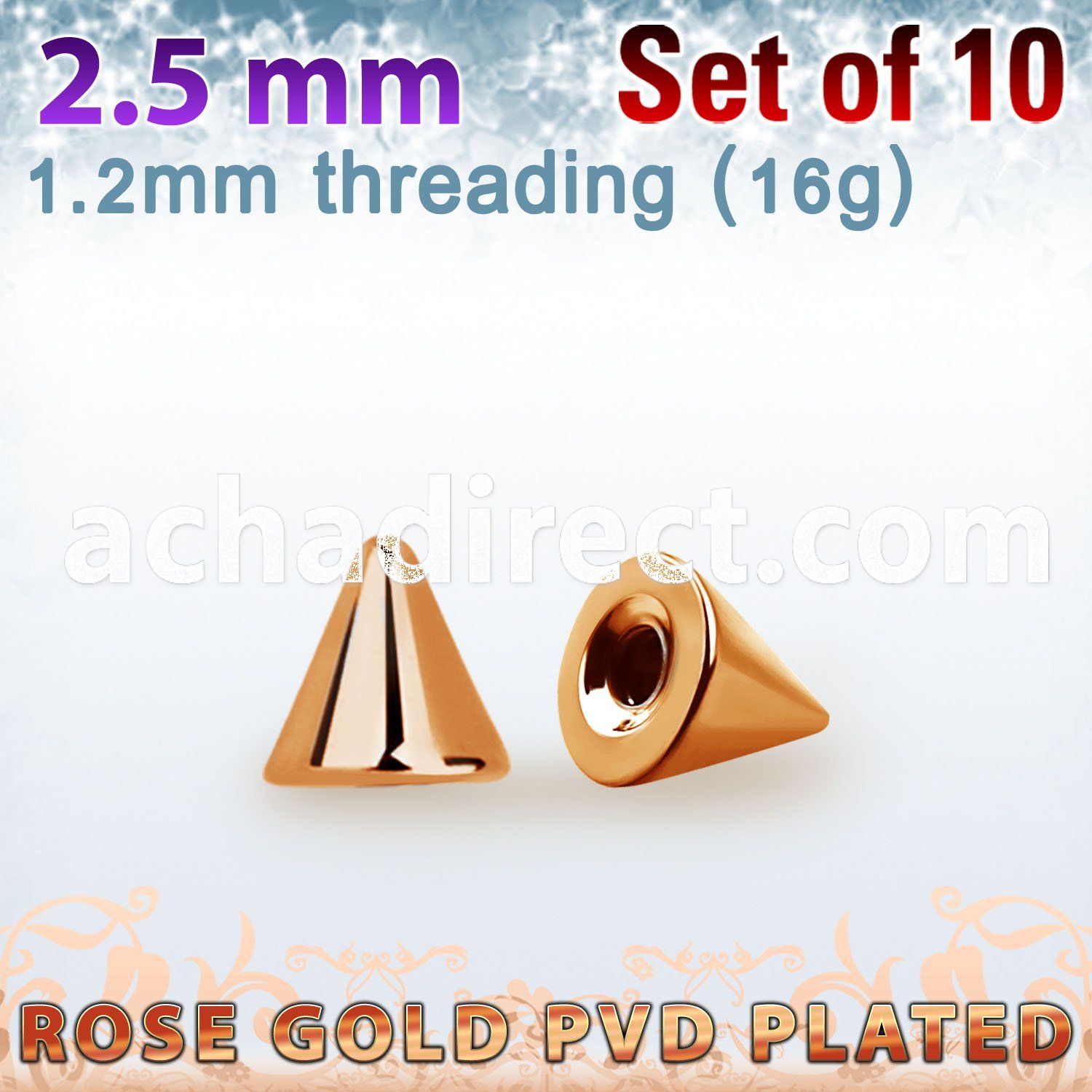 xcntt25 set of 2.5mm rose gold plated steel cones thread 1.2mm
