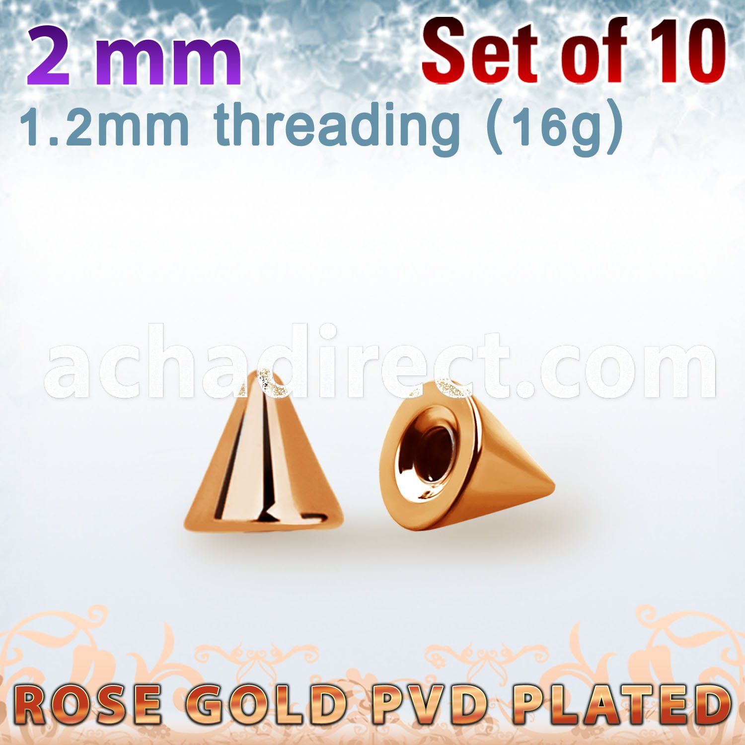 xcntt2 set of 2mm rose gold plated steel cones thread 1.2mm